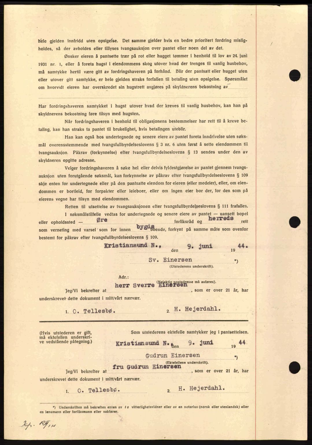 Nordmøre sorenskriveri, AV/SAT-A-4132/1/2/2Ca: Mortgage book no. B91, 1943-1944, Diary no: : 999/1944