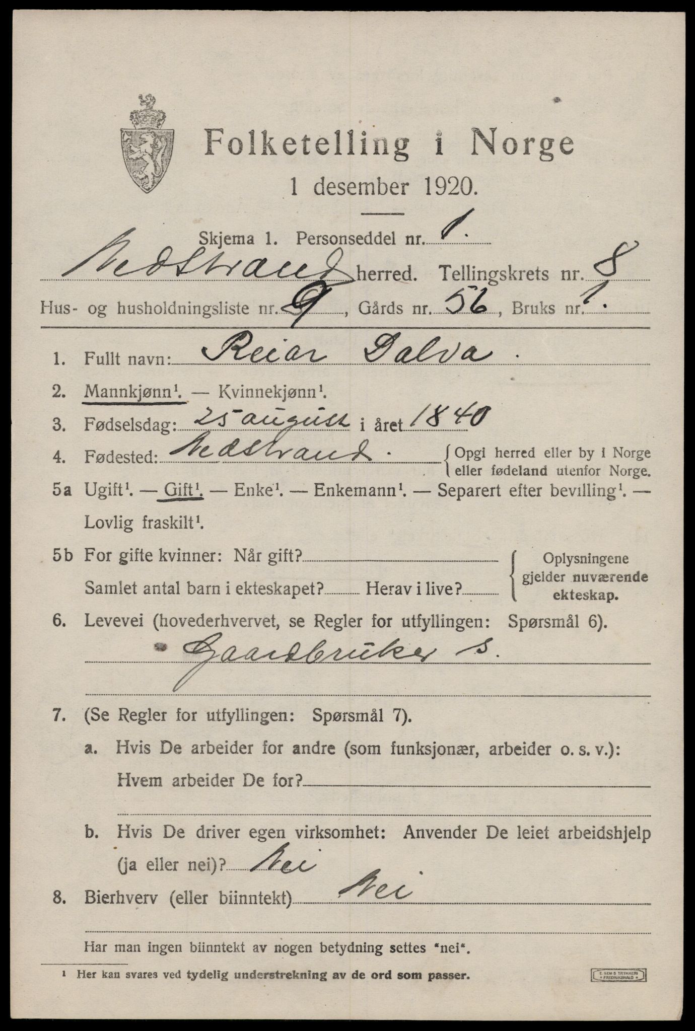 SAST, 1920 census for Nedstrand, 1920, p. 2995