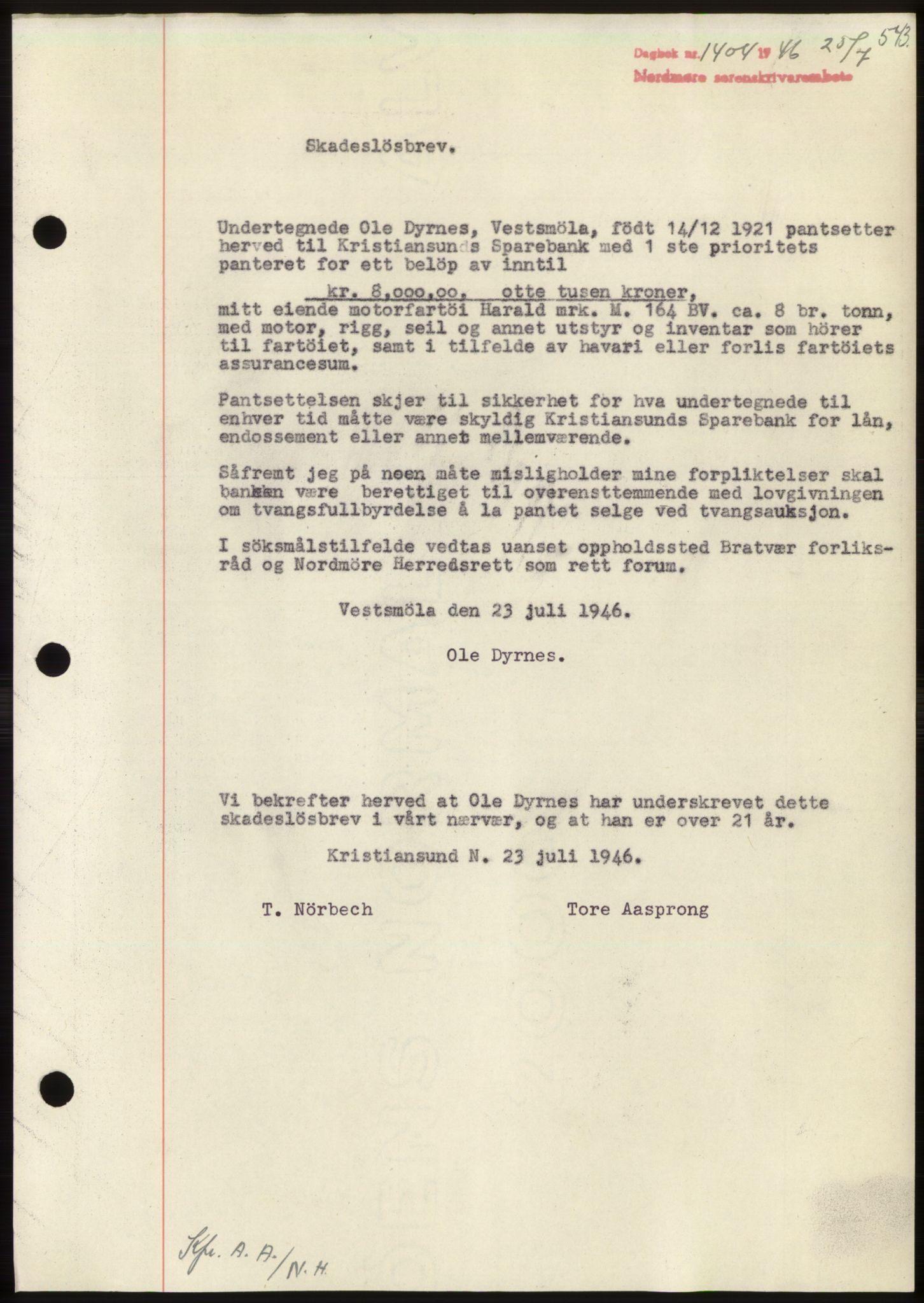 Nordmøre sorenskriveri, AV/SAT-A-4132/1/2/2Ca: Mortgage book no. B94, 1946-1946, Diary no: : 1404/1946