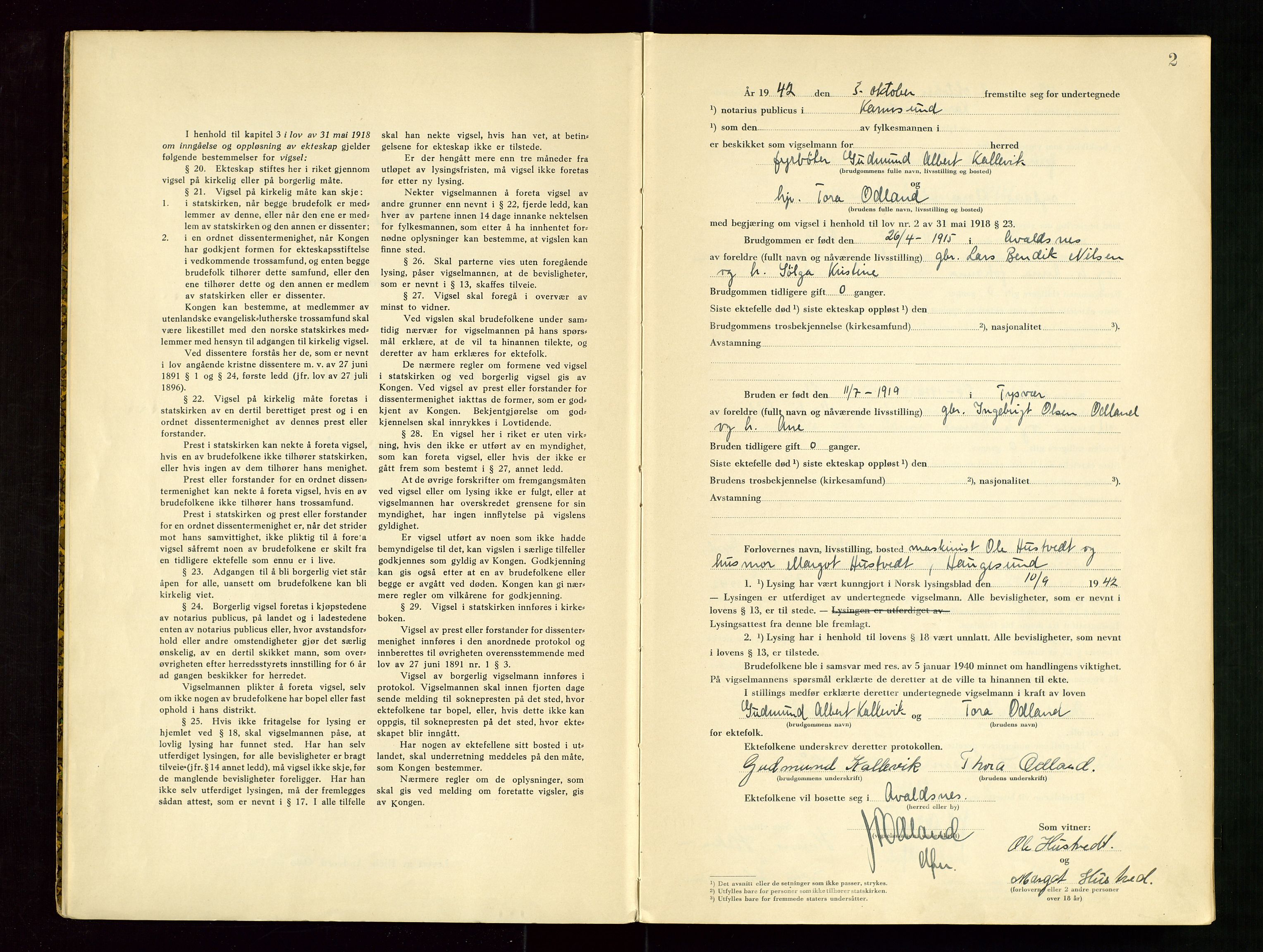 Karmsund sorenskriveri, SAST/A-100311/01/III/IIICBA/L0002: VIGSELSBOK, 1942-1943, p. 2