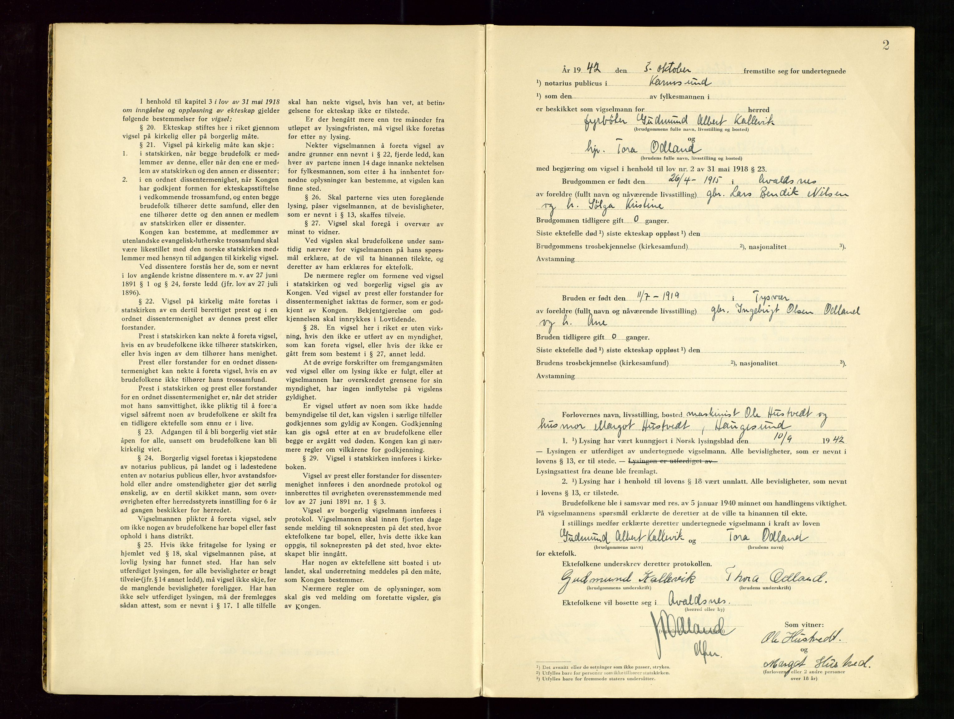 Karmsund sorenskriveri, AV/SAST-A-100311/01/III/IIICBA/L0002: VIGSELSBOK, 1942-1943, p. 2