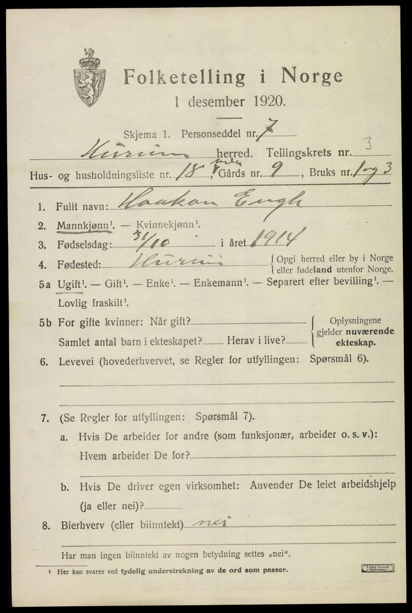 SAKO, 1920 census for Hurum, 1920, p. 5100