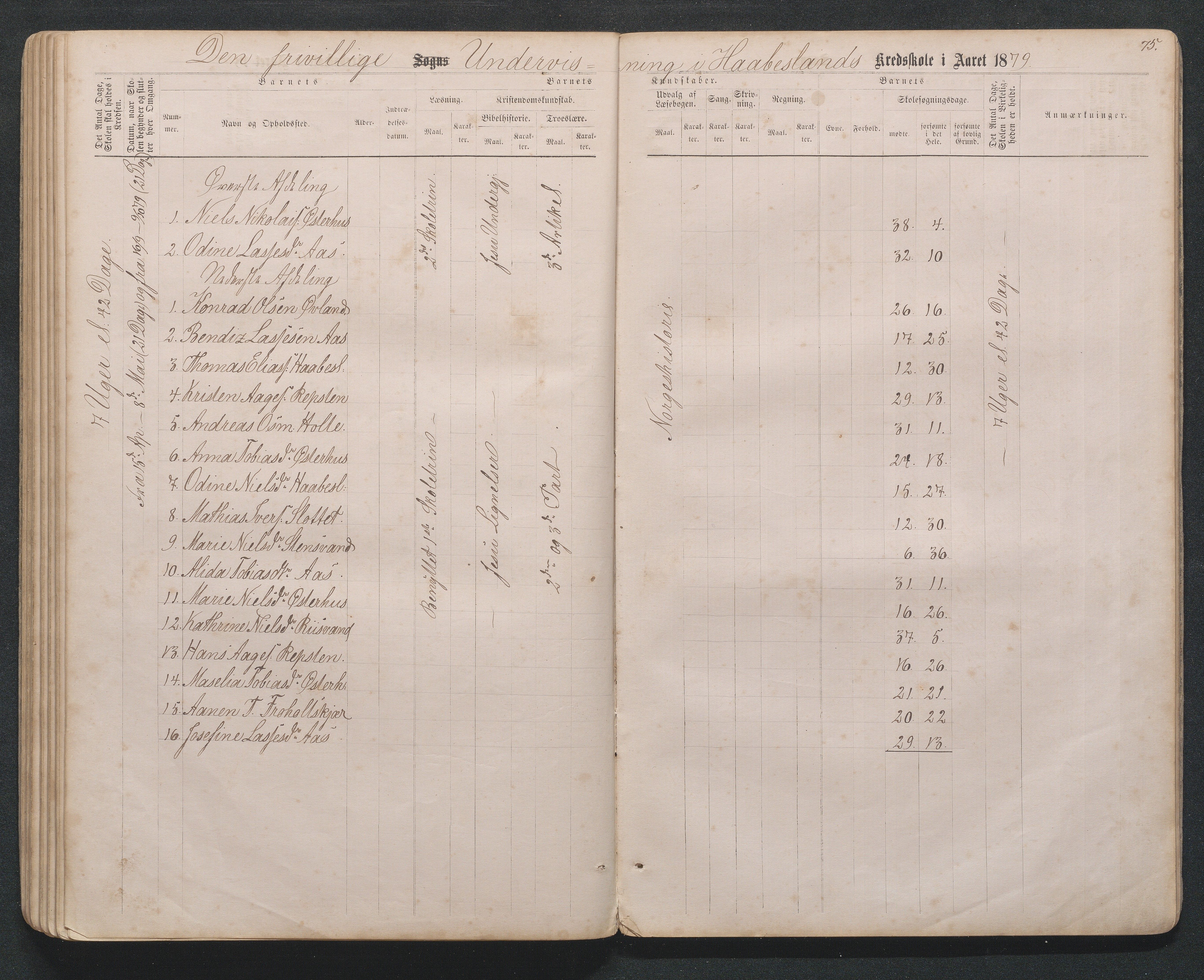 Birkenes kommune, Håbesland, Holte og Rislå skolekretser frem til 1991, AAKS/KA0928-550c_91/F02/L0001: Skoleprotokoll Håbesland, Holte og Rislå, 1868-1887, p. 75