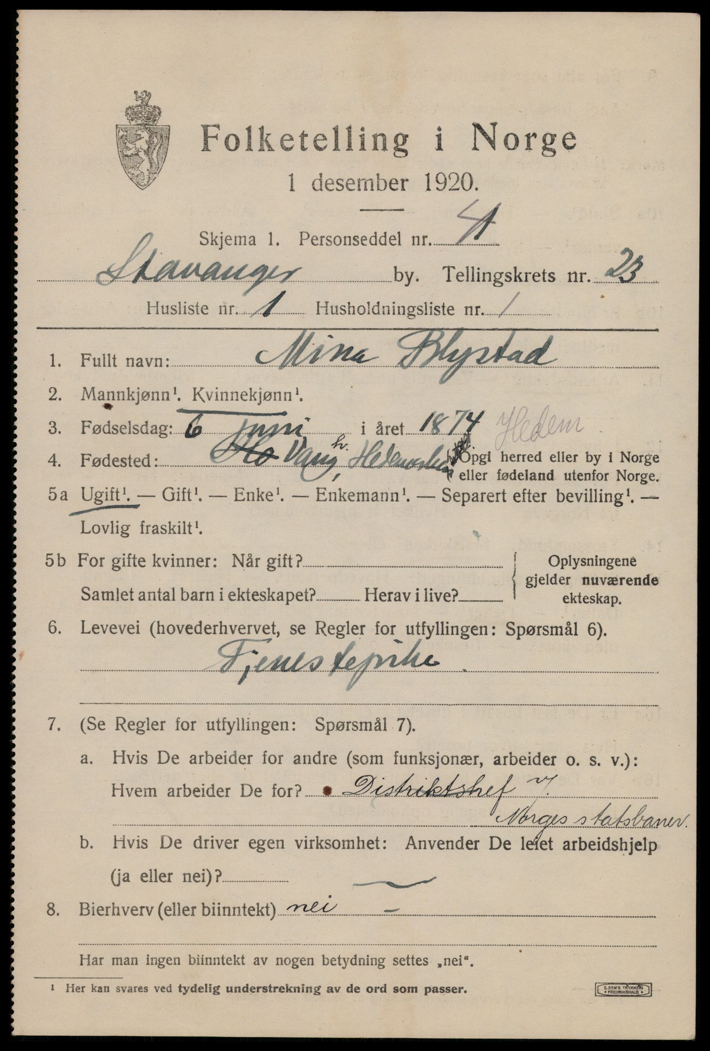 SAST, 1920 census for Stavanger, 1920, p. 75218