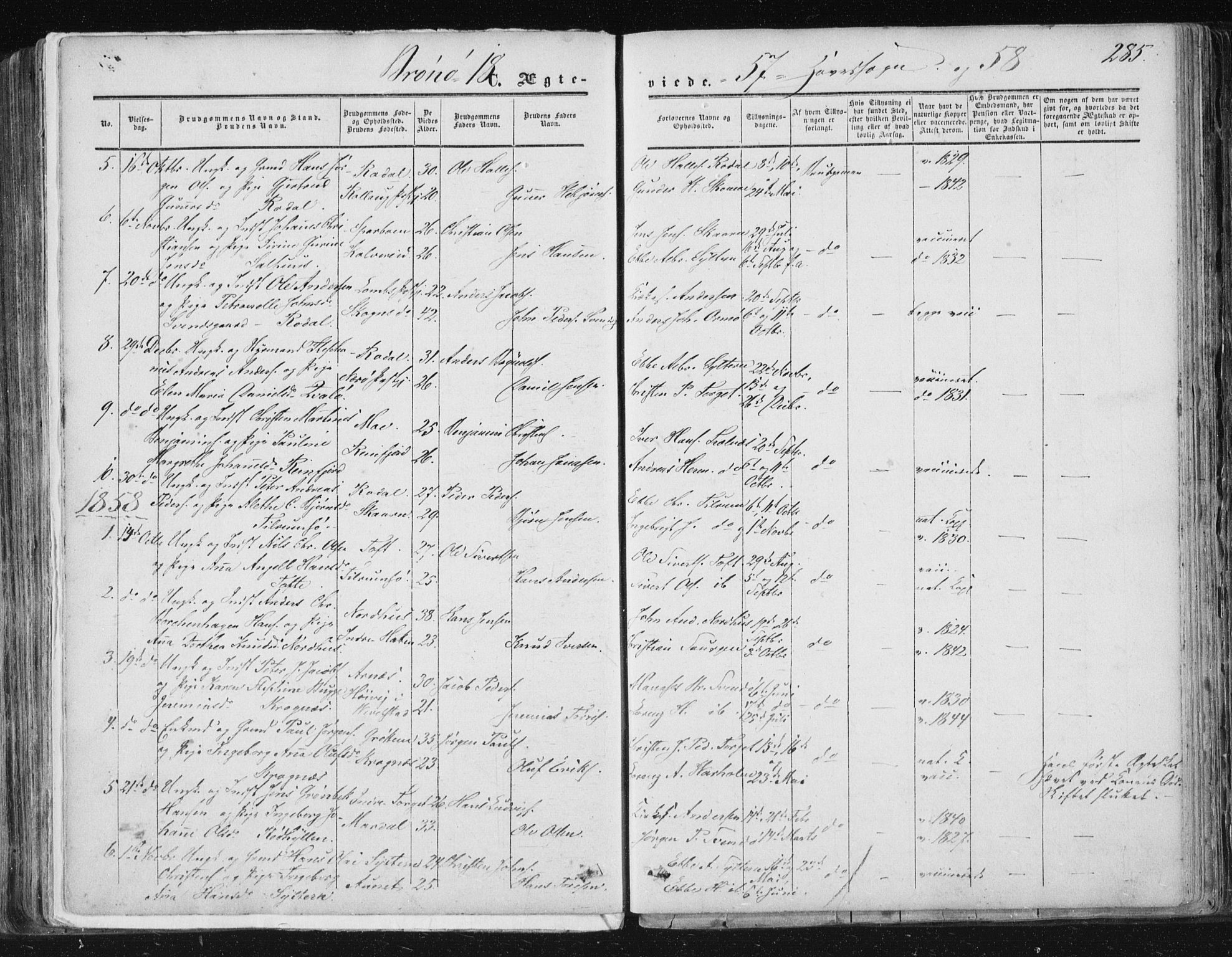 Ministerialprotokoller, klokkerbøker og fødselsregistre - Nordland, SAT/A-1459/813/L0198: Parish register (official) no. 813A08, 1834-1874, p. 285