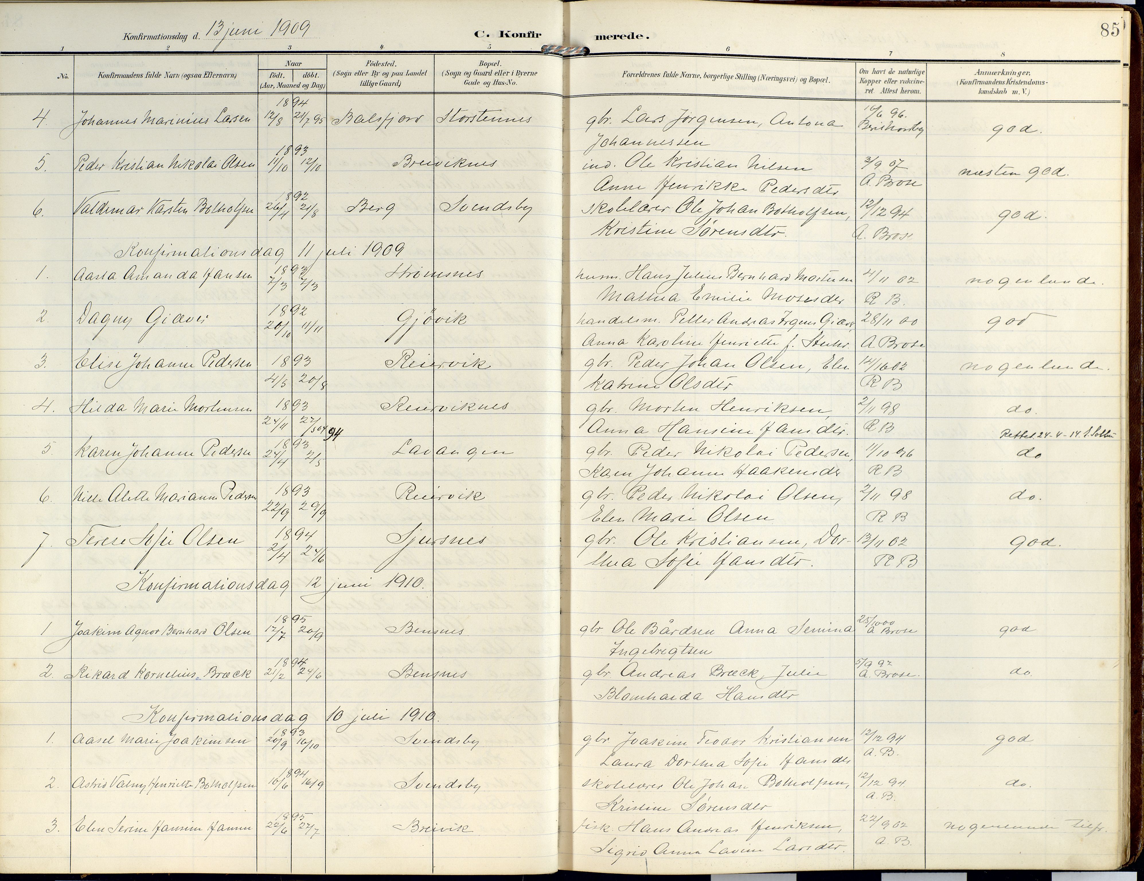Lyngen sokneprestembete, SATØ/S-1289/H/He/Hea/L0014kirke: Parish register (official) no. 14, 1905-1920, p. 85