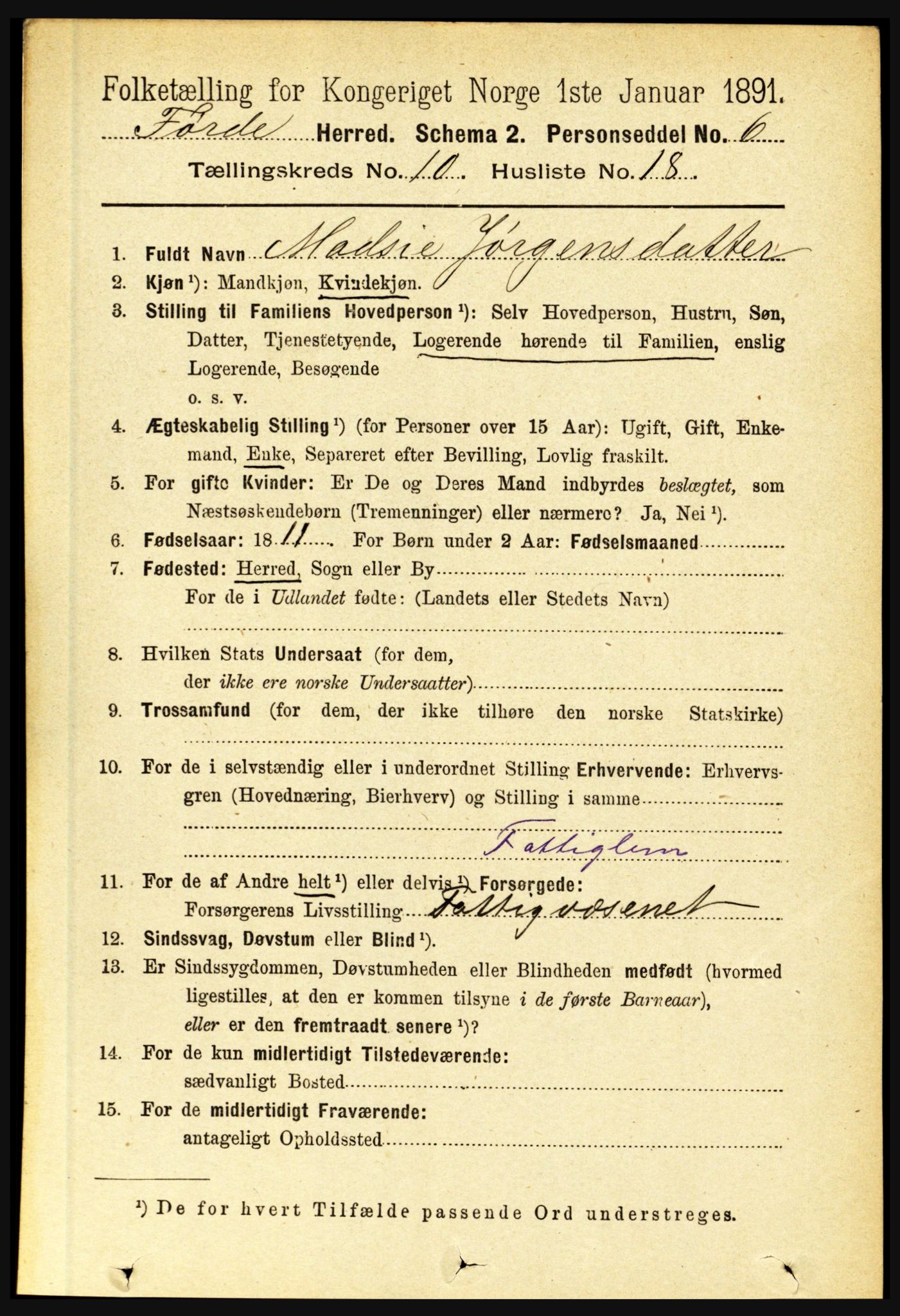 RA, 1891 census for 1432 Førde, 1891, p. 3765