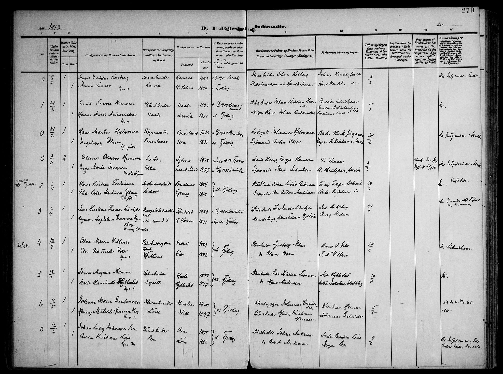 Tjølling kirkebøker, AV/SAKO-A-60/F/Fa/L0010: Parish register (official) no. 10, 1906-1923, p. 279