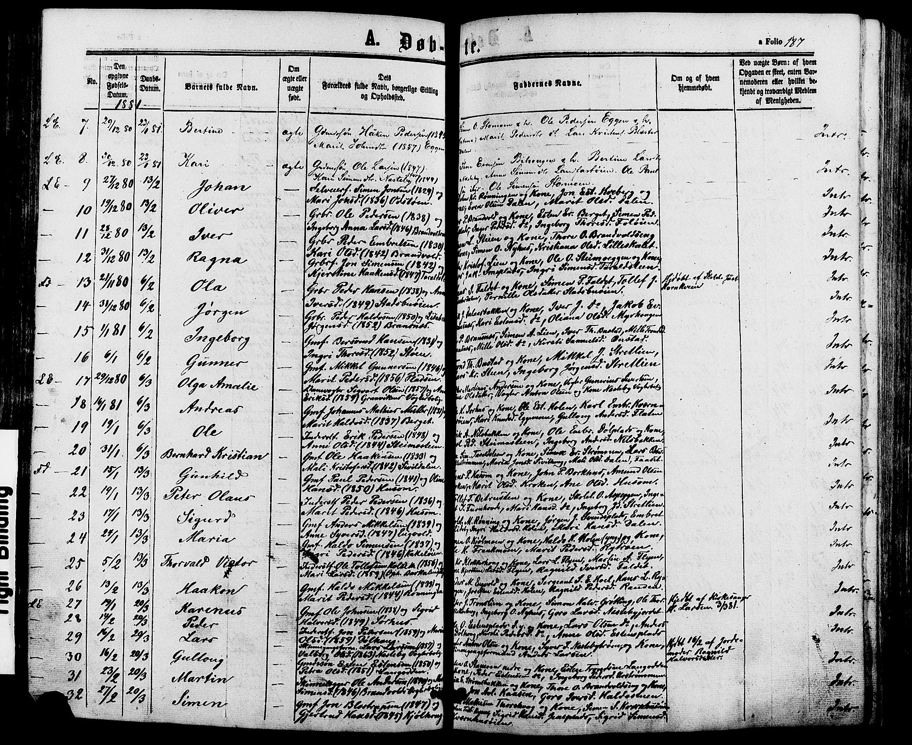 Alvdal prestekontor, AV/SAH-PREST-060/H/Ha/Haa/L0001: Parish register (official) no. 1, 1863-1882, p. 187