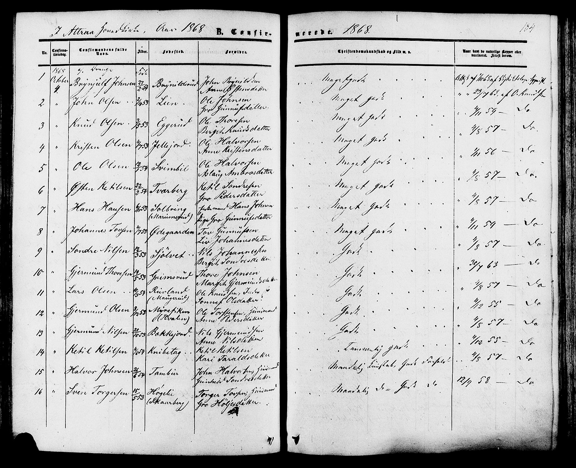 Tinn kirkebøker, SAKO/A-308/F/Fa/L0006: Parish register (official) no. I 6, 1857-1878, p. 184