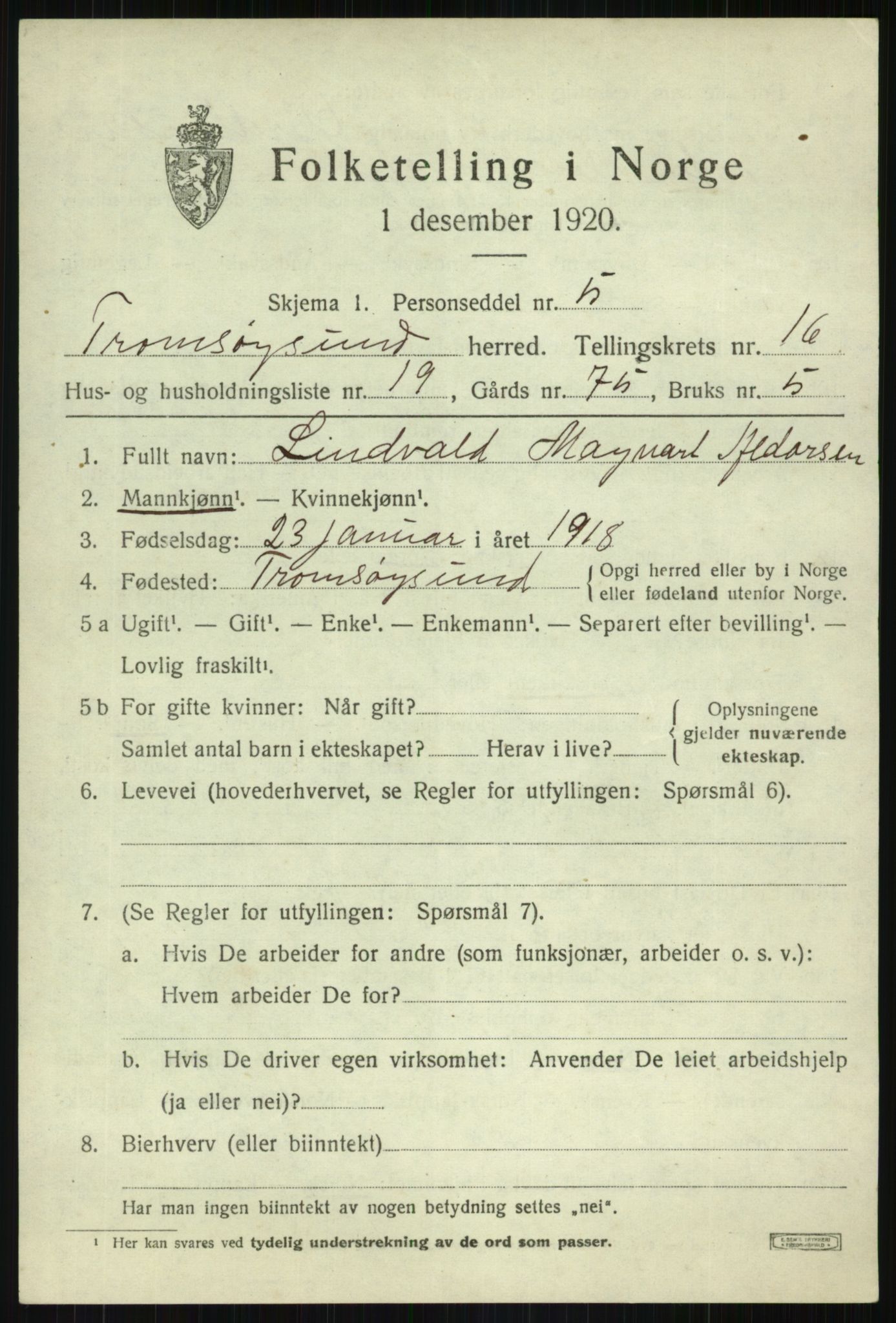 SATØ, 1920 census for Tromsøysund, 1920, p. 9636