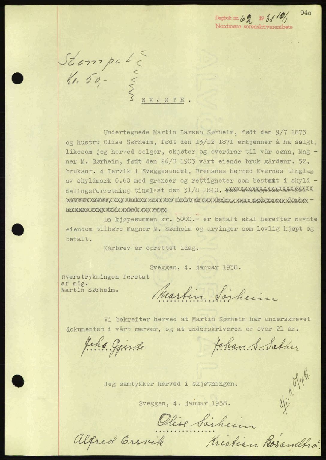 Nordmøre sorenskriveri, SAT/A-4132/1/2/2Ca: Mortgage book no. A82, 1937-1938, Diary no: : 62/1938
