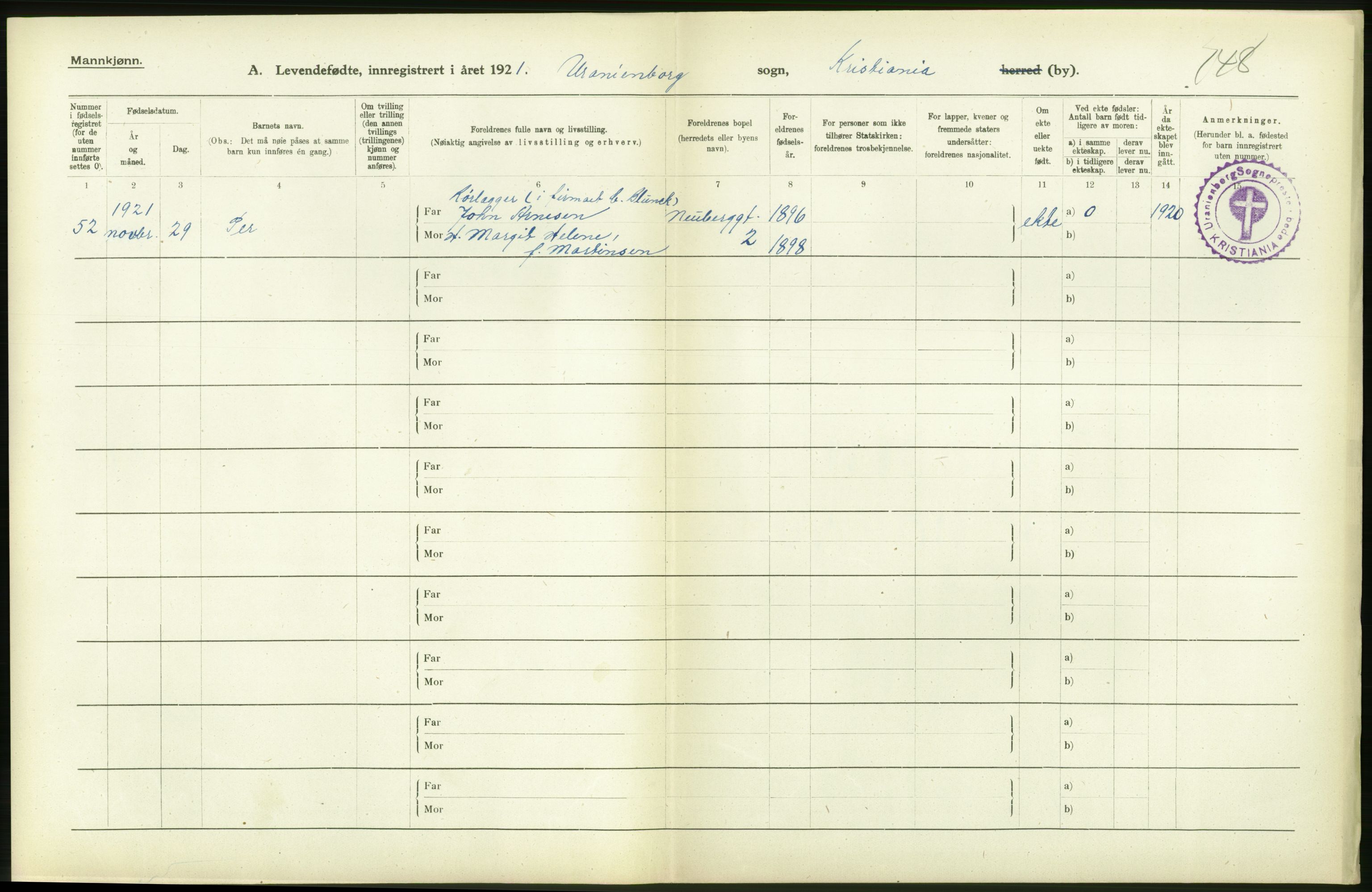 Statistisk sentralbyrå, Sosiodemografiske emner, Befolkning, AV/RA-S-2228/D/Df/Dfc/Dfca/L0010: Kristiania: Levendefødte menn og kvinner., 1921, p. 122