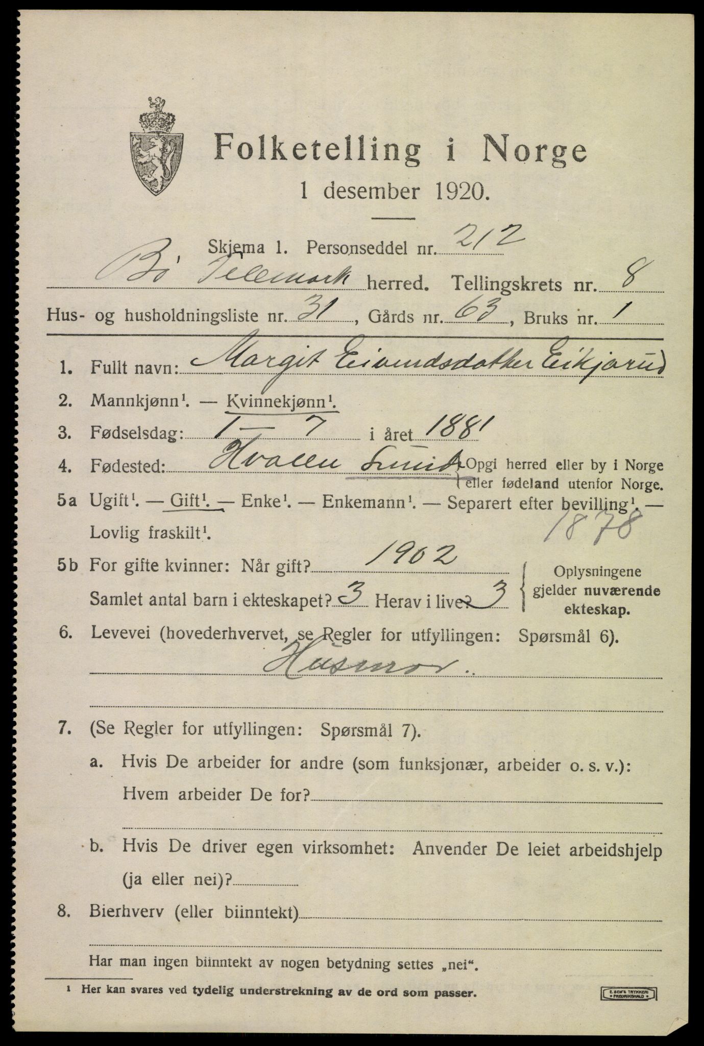 SAKO, 1920 census for Bø (Telemark), 1920, p. 6172