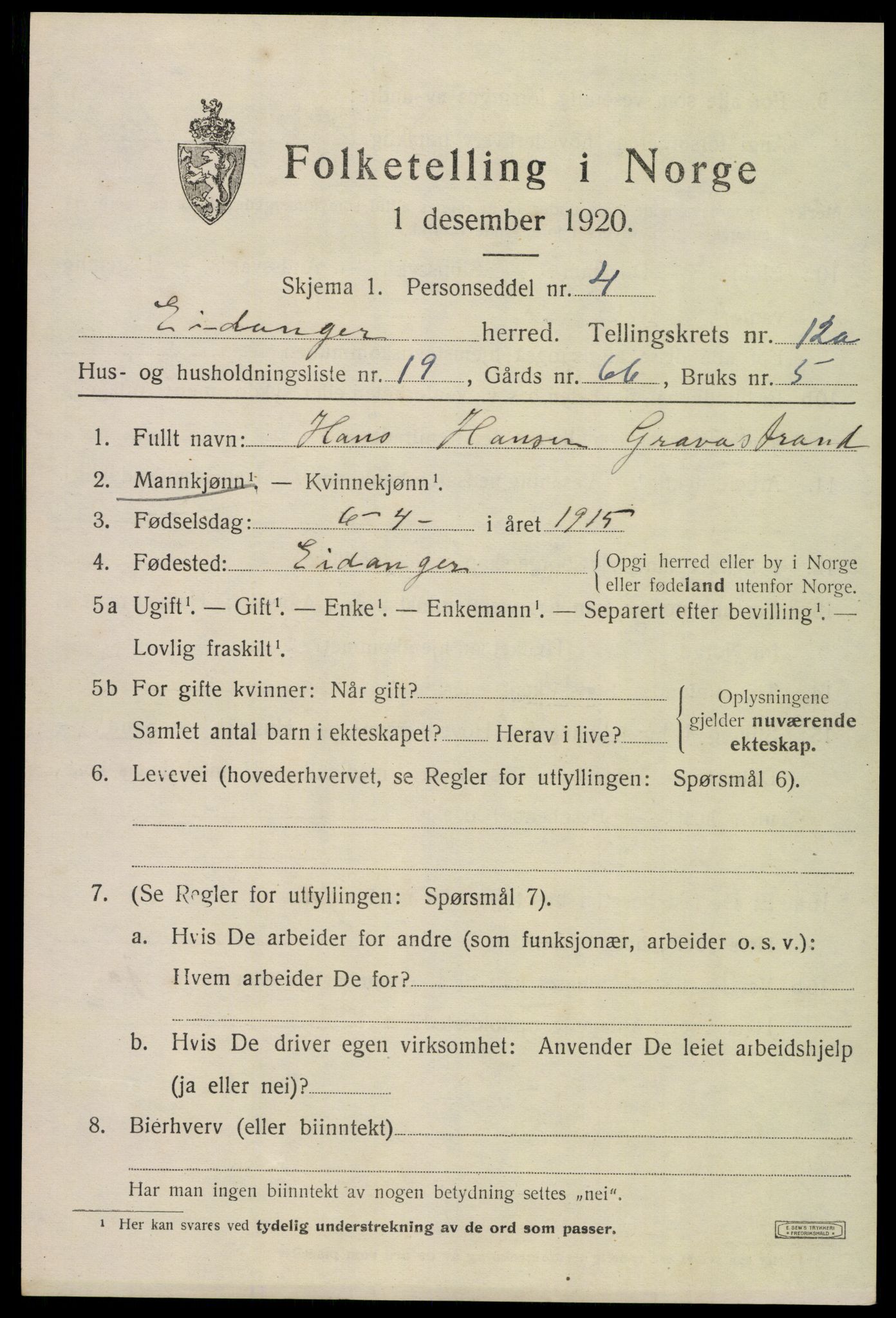 SAKO, 1920 census for Eidanger, 1920, p. 7416