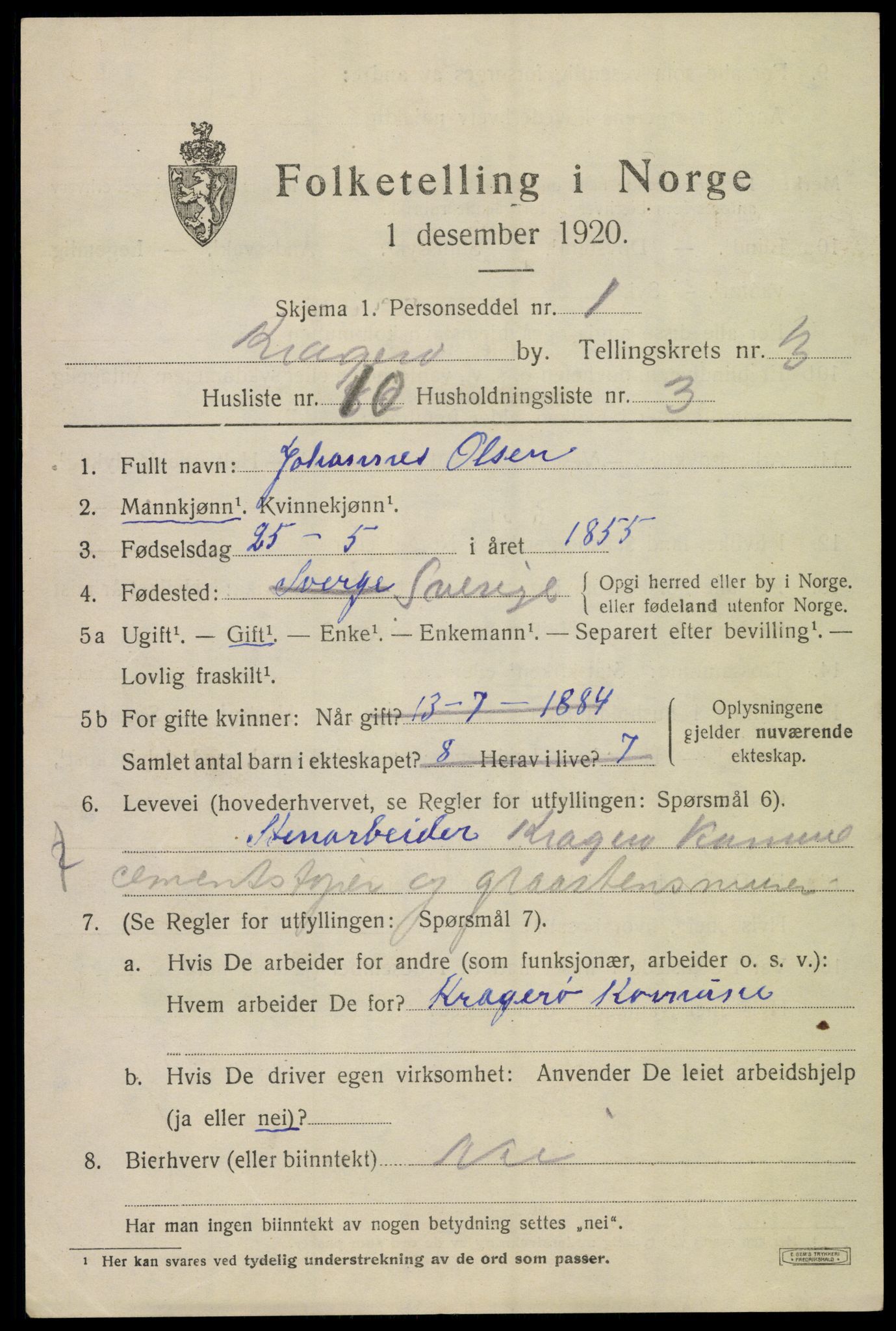 SAKO, 1920 census for Kragerø, 1920, p. 7217