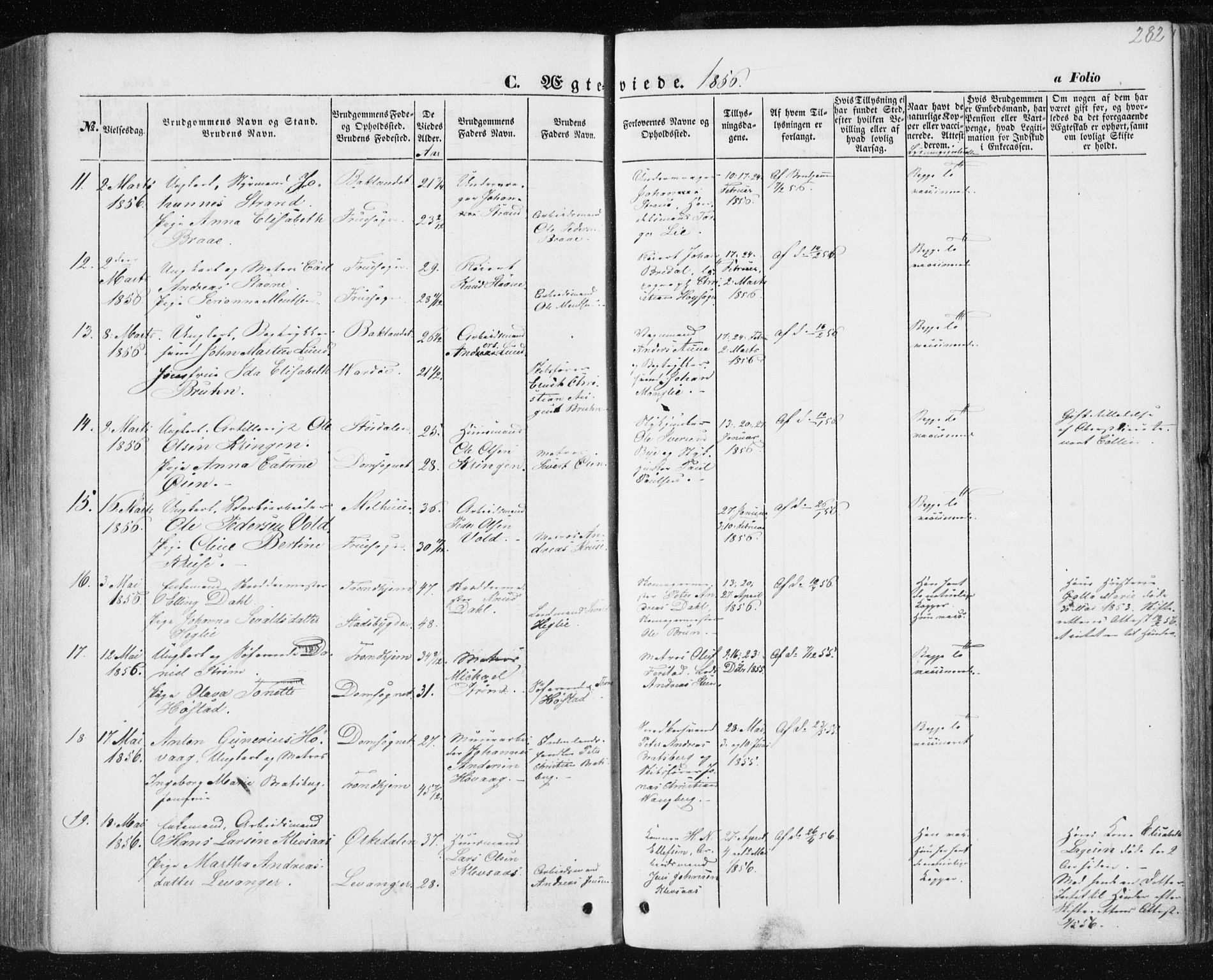 Ministerialprotokoller, klokkerbøker og fødselsregistre - Sør-Trøndelag, SAT/A-1456/602/L0112: Parish register (official) no. 602A10, 1848-1859, p. 282