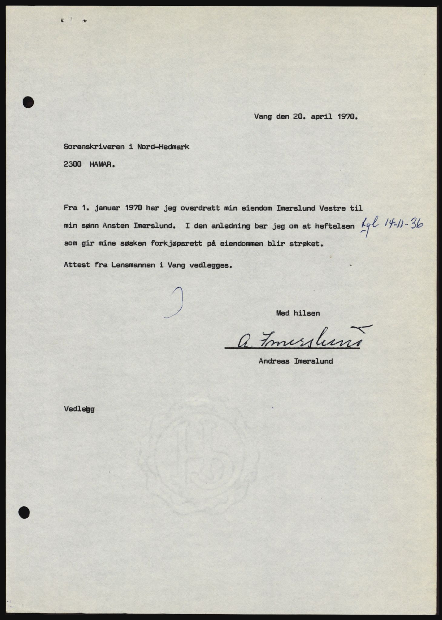 Nord-Hedmark sorenskriveri, SAH/TING-012/H/Hc/L0033: Mortgage book no. 33, 1970-1970, Diary no: : 1981/1970