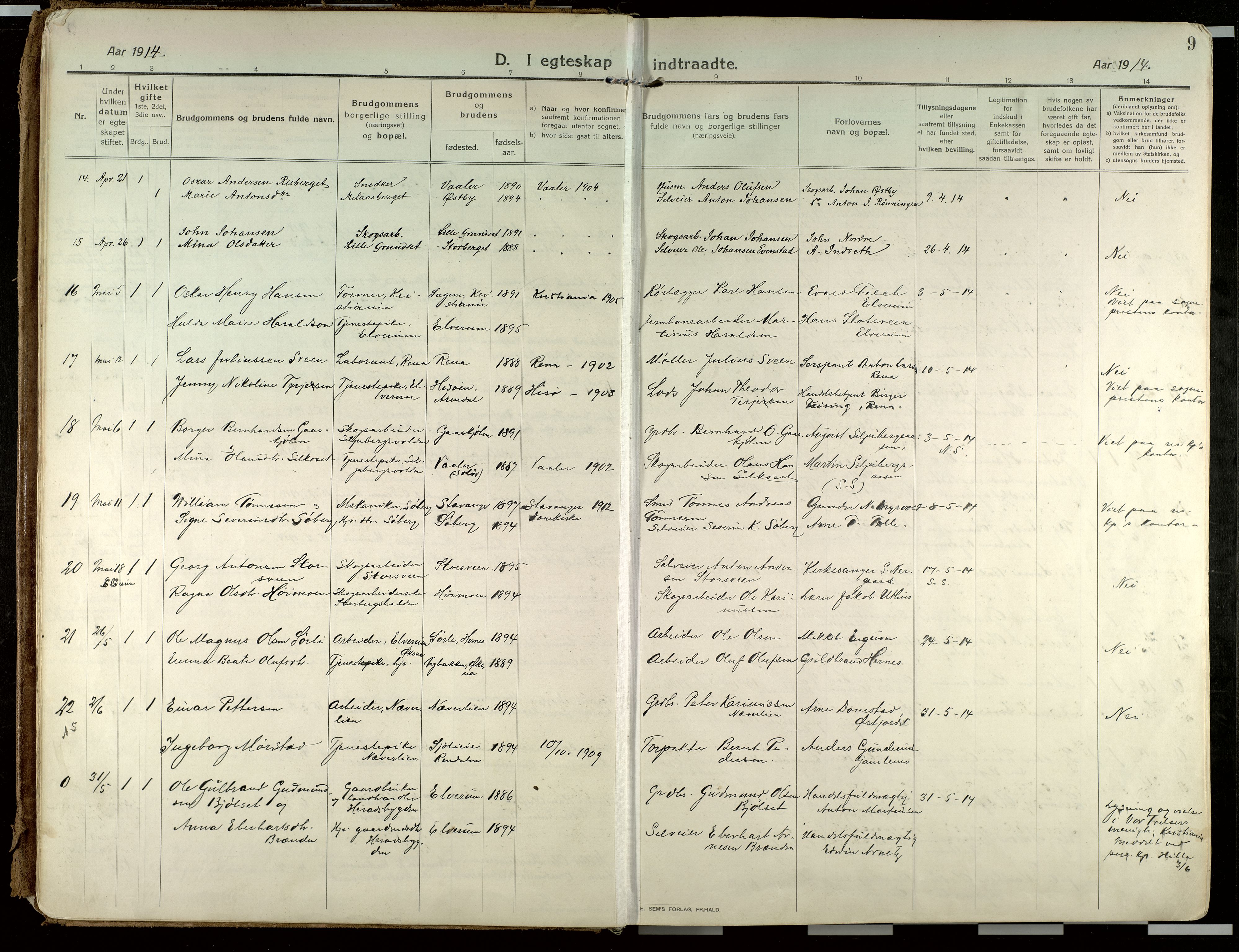 Elverum prestekontor, AV/SAH-PREST-044/H/Ha/Haa/L0021: Parish register (official) no. 21, 1913-1928, p. 9