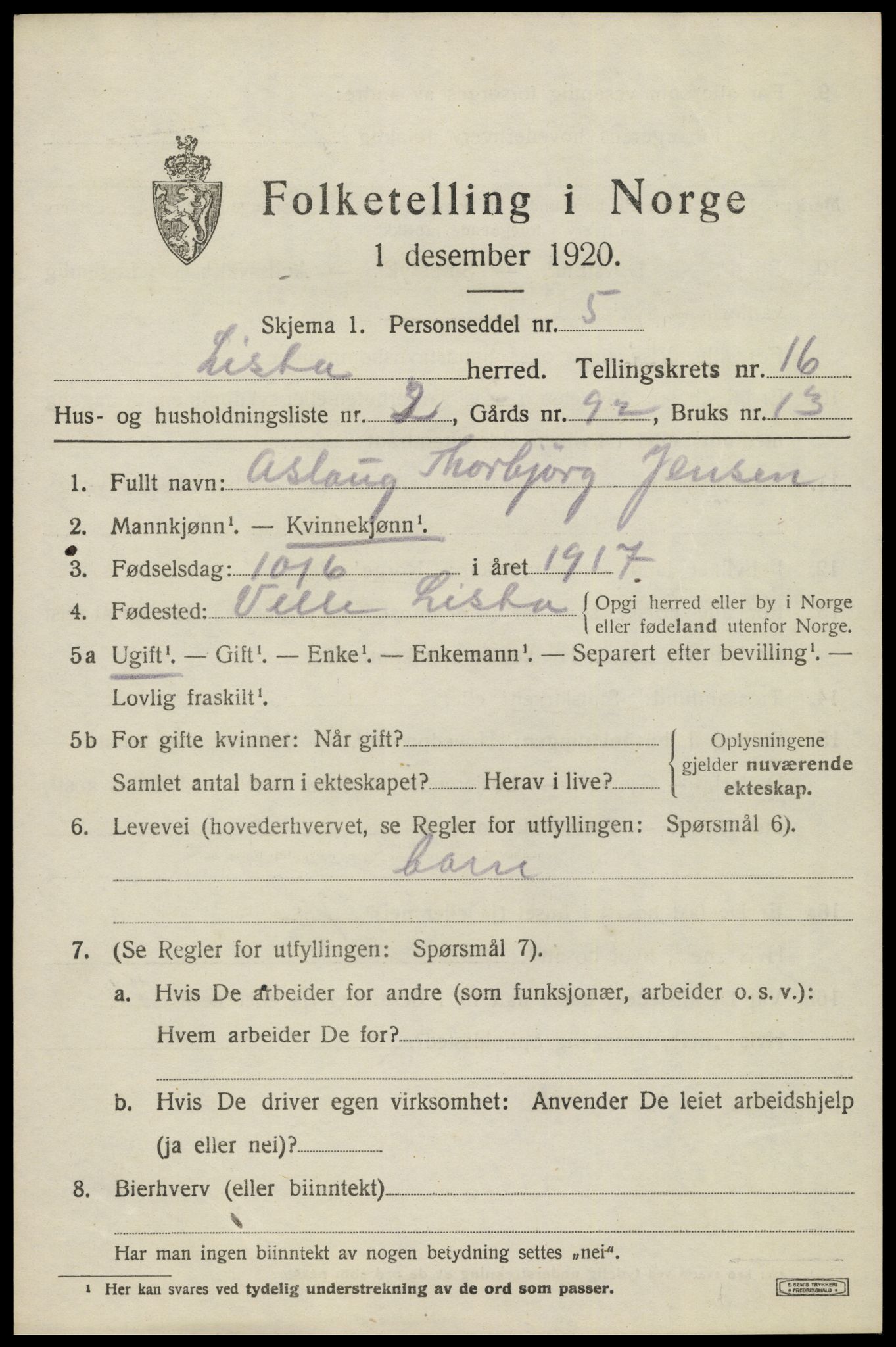 SAK, 1920 census for Lista, 1920, p. 12949