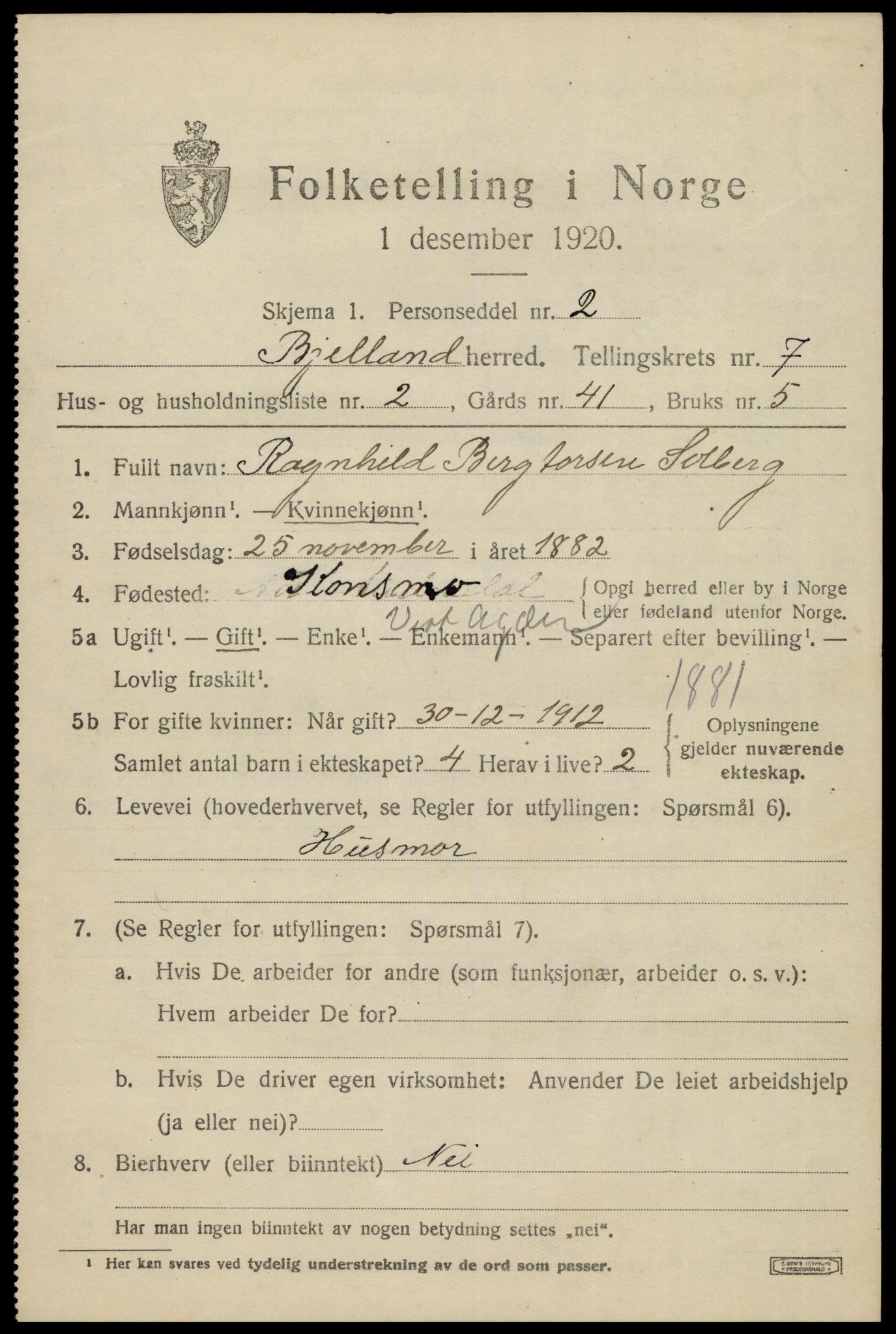 SAK, 1920 census for Bjelland, 1920, p. 2065