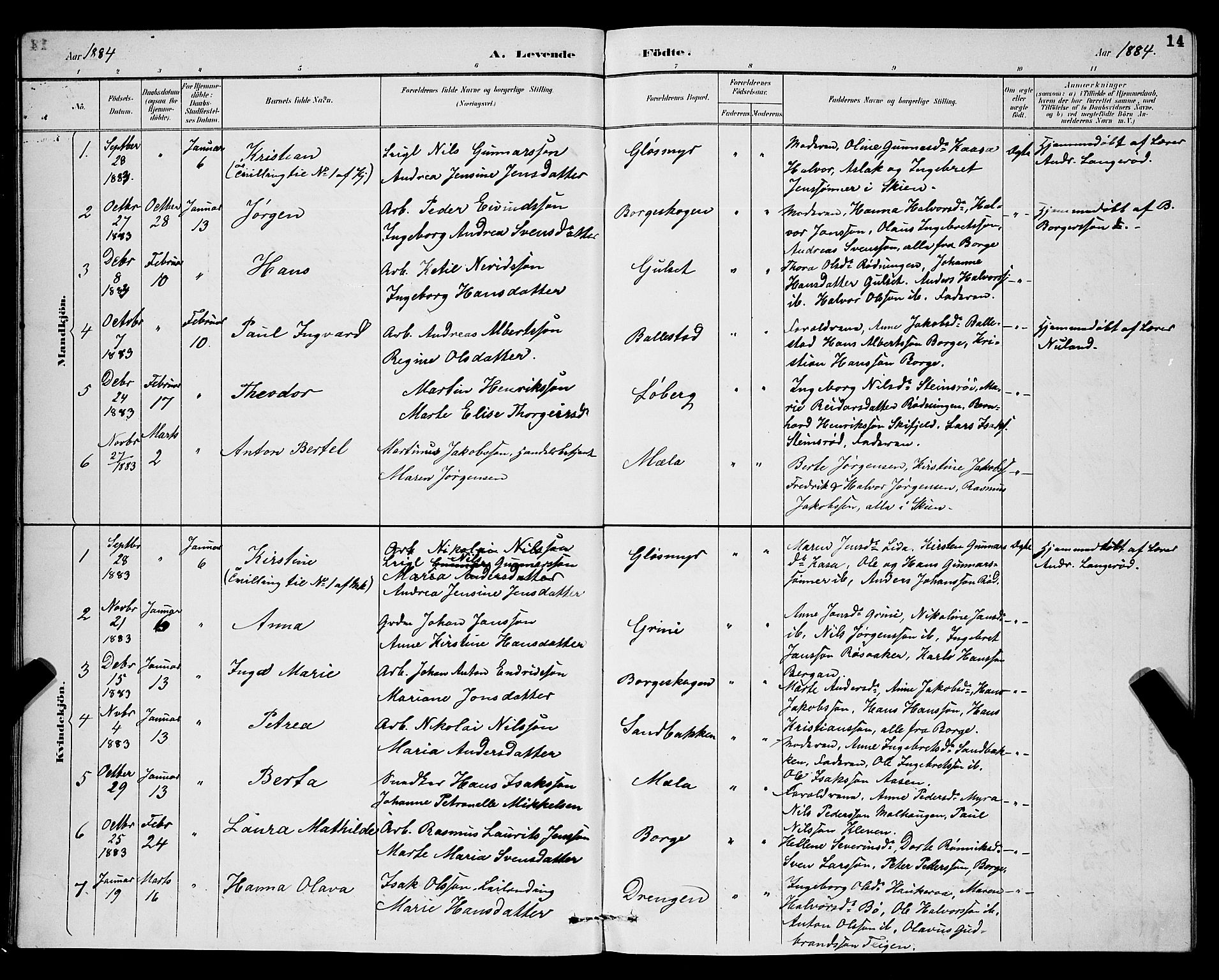Gjerpen kirkebøker, SAKO/A-265/G/Ga/L0002: Parish register (copy) no. I 2, 1883-1900, p. 14