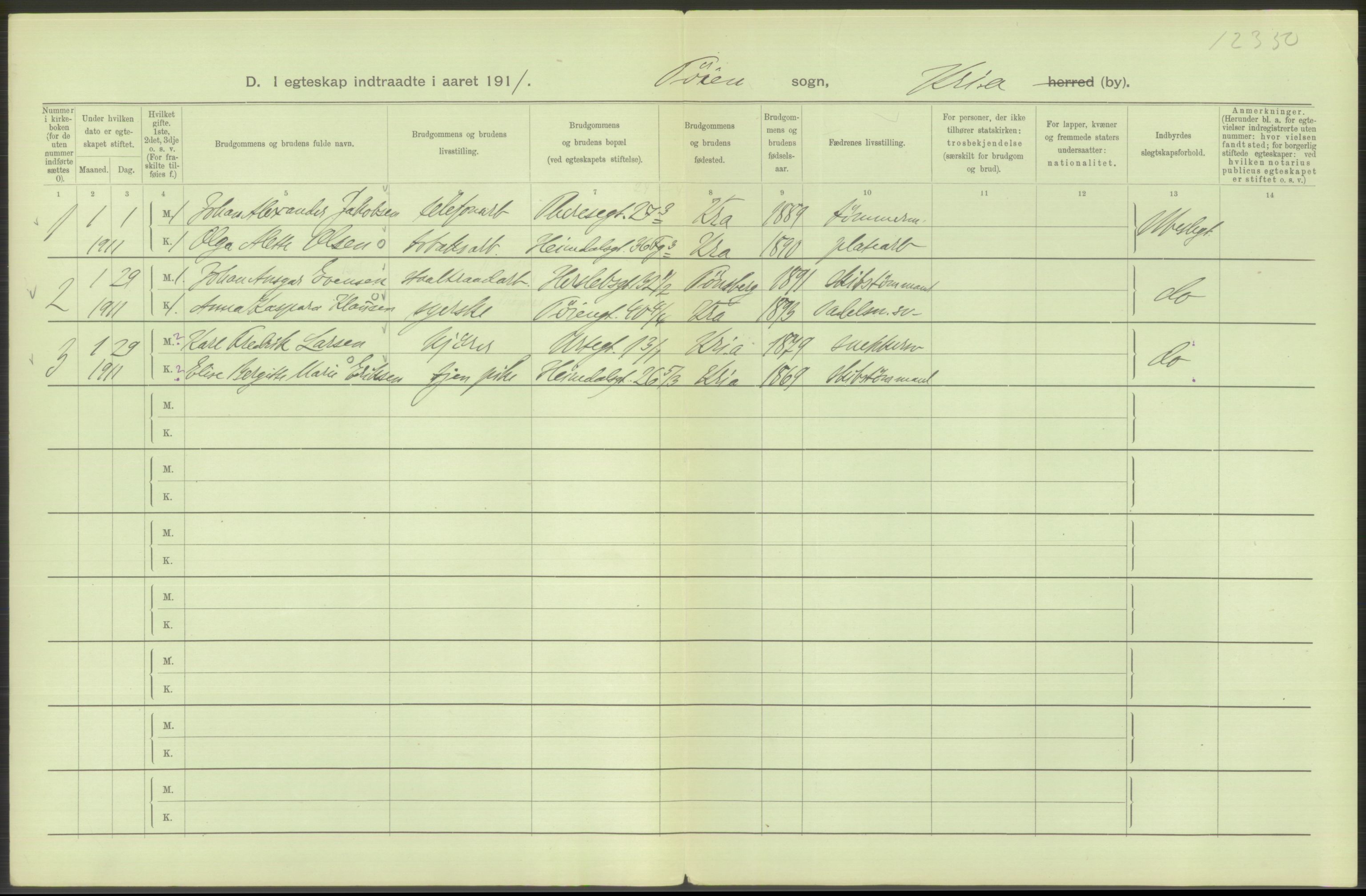 Statistisk sentralbyrå, Sosiodemografiske emner, Befolkning, AV/RA-S-2228/D/Df/Dfb/Dfba/L0008: Kristiania: Gifte, 1911, p. 144