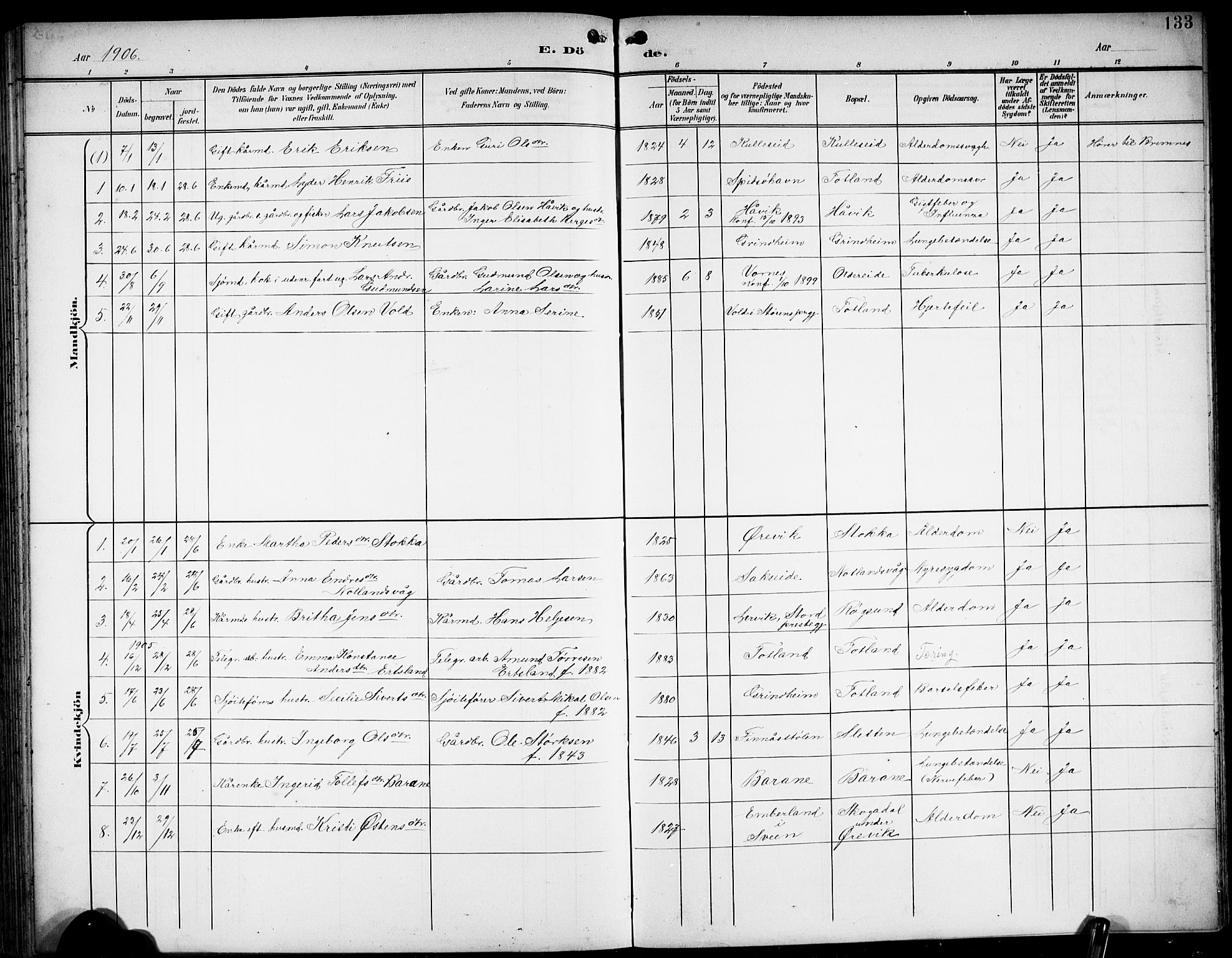 Finnås sokneprestembete, AV/SAB-A-99925/H/Ha/Hab/Haba/L0004: Parish register (copy) no. A 4, 1901-1924, p. 133