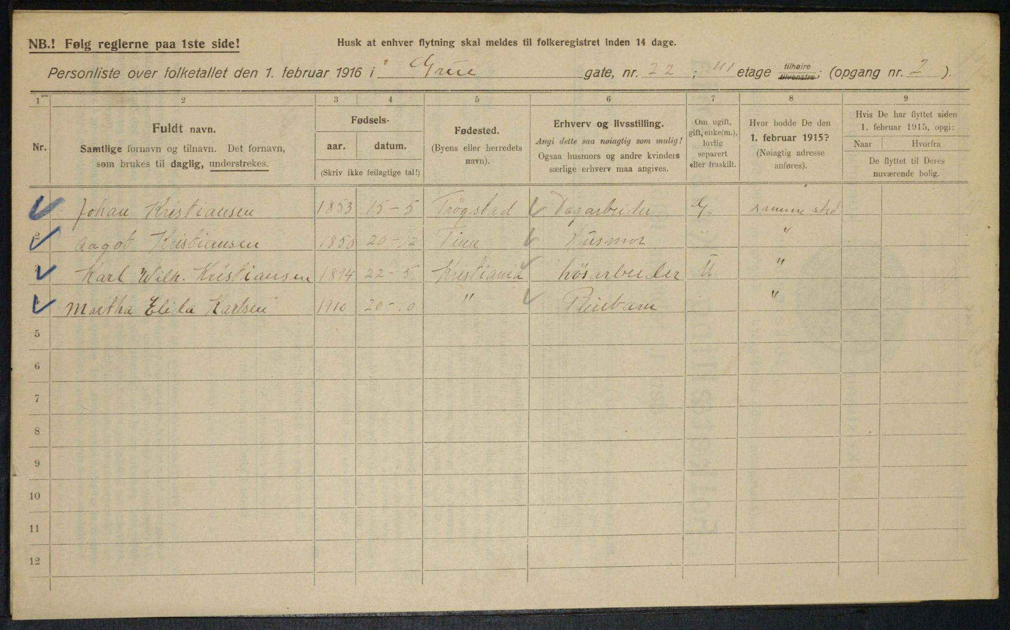 OBA, Municipal Census 1916 for Kristiania, 1916, p. 31173