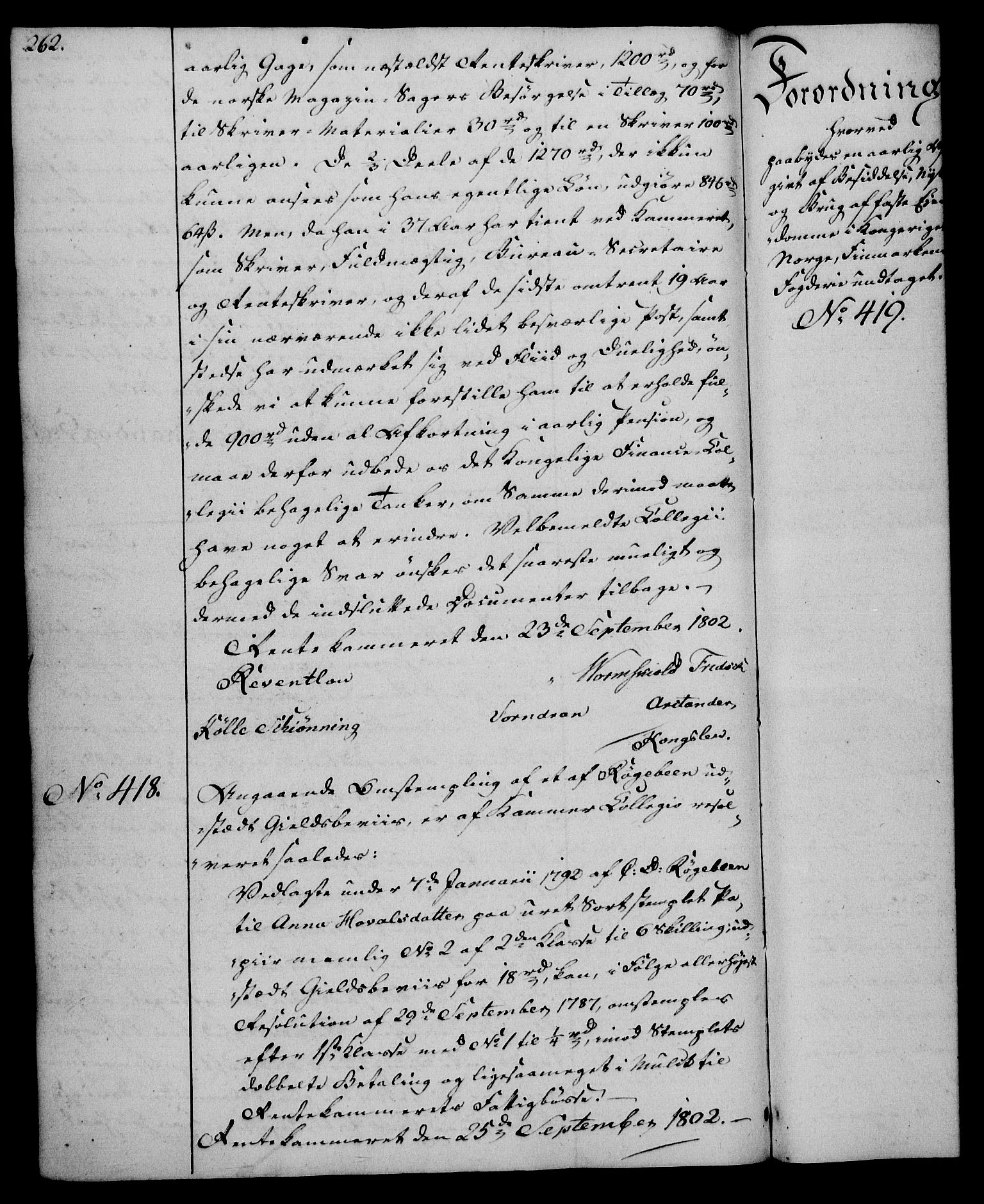 Rentekammeret, Kammerkanselliet, RA/EA-3111/G/Gg/Gga/L0017: Norsk ekspedisjonsprotokoll med register (merket RK 53.17), 1801-1803, p. 262
