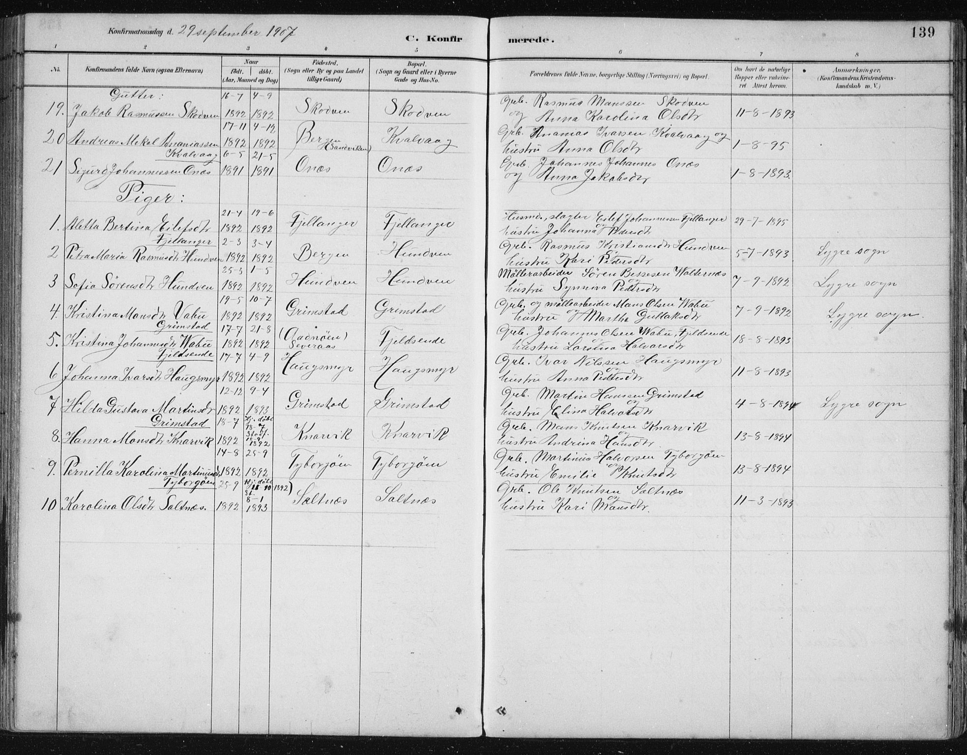 Lindås Sokneprestembete, SAB/A-76701/H/Hab: Parish register (copy) no. B 3, 1886-1914, p. 139