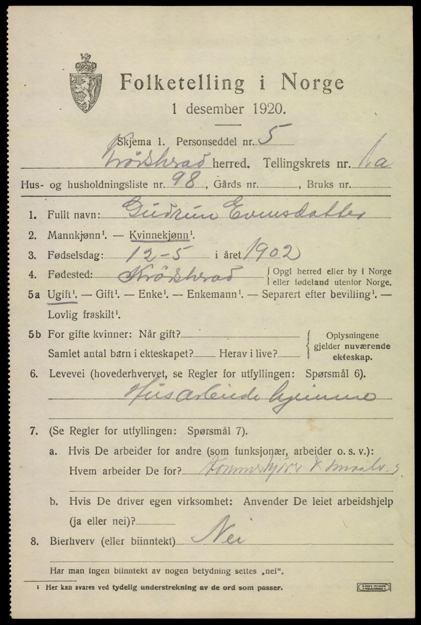 SAKO, 1920 census for Krødsherad, 1920, p. 2129