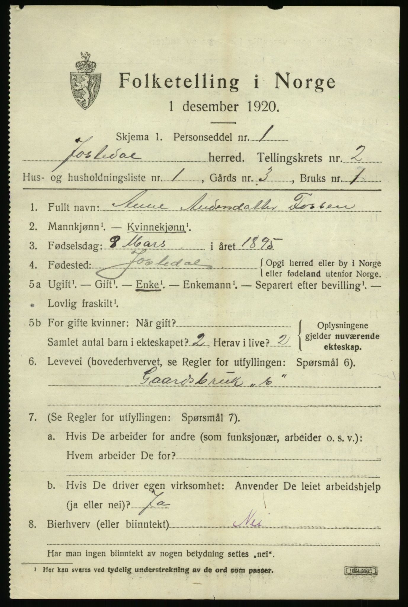 SAB, 1920 census for Jostedal, 1920, p. 578