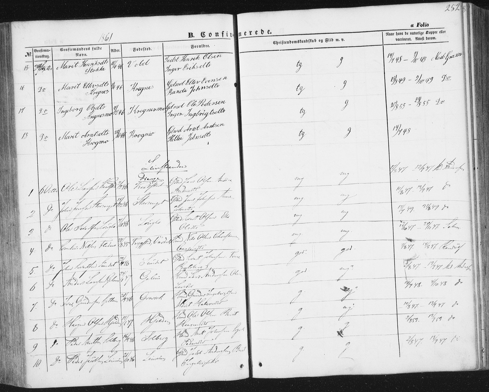 Ministerialprotokoller, klokkerbøker og fødselsregistre - Sør-Trøndelag, AV/SAT-A-1456/691/L1076: Parish register (official) no. 691A08, 1852-1861, p. 252