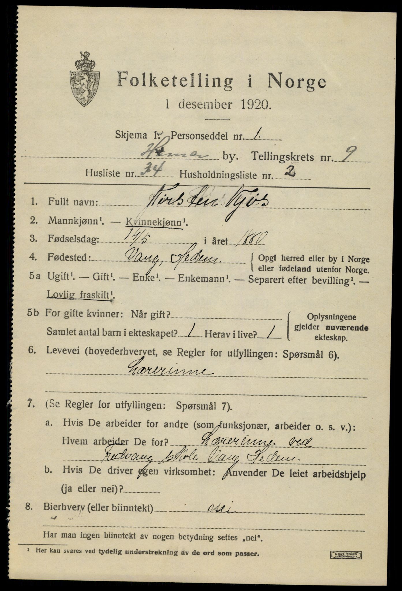 SAH, 1920 census for Hamar, 1920, p. 16811