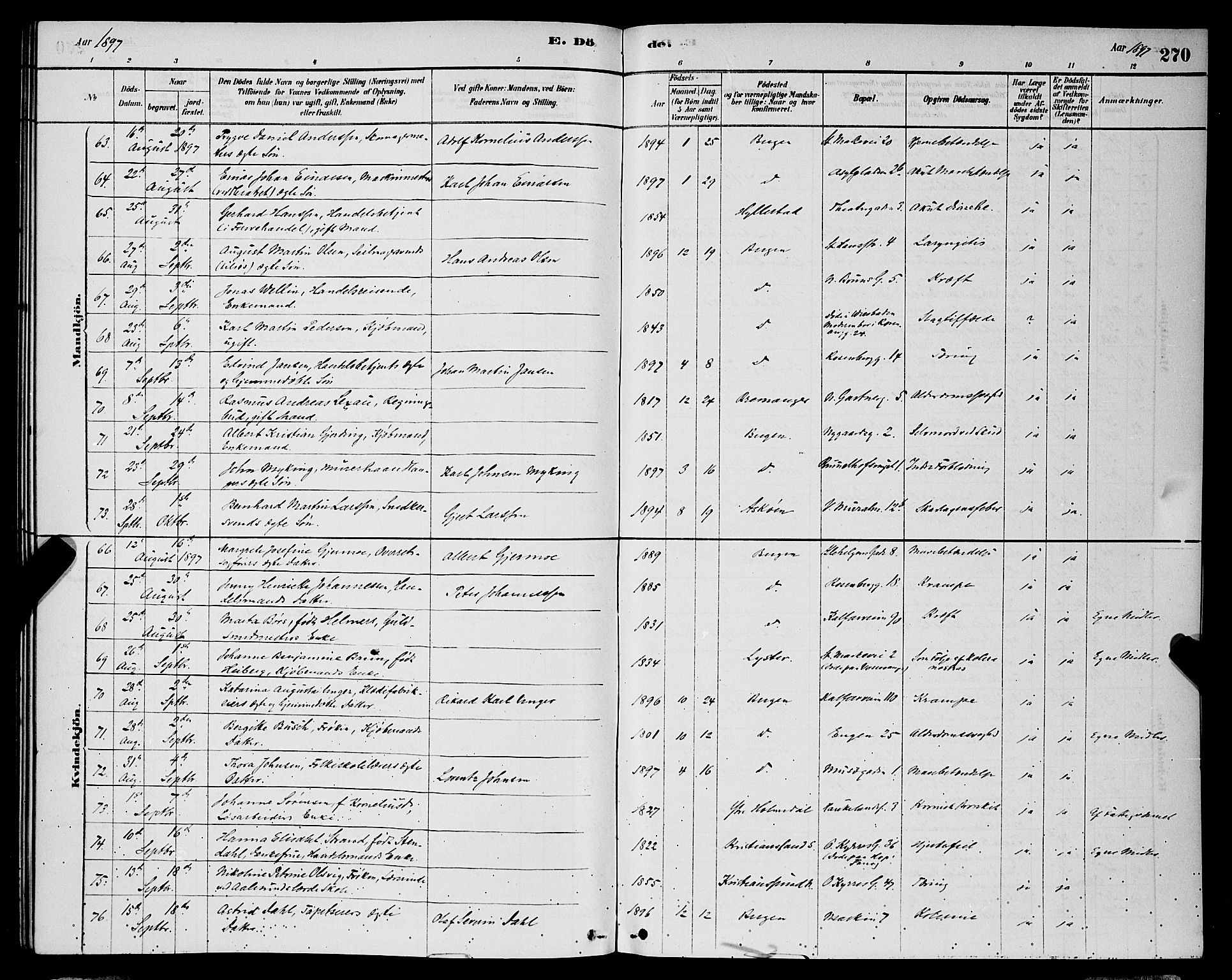 Domkirken sokneprestembete, AV/SAB-A-74801/H/Hab/L0041: Parish register (copy) no. E 5, 1878-1900, p. 270