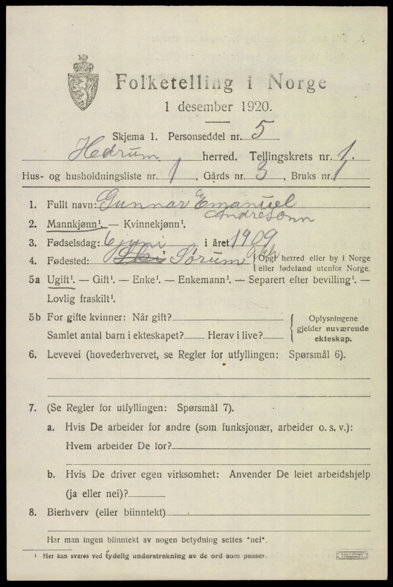 SAKO, 1920 census for Hedrum, 1920, p. 1795