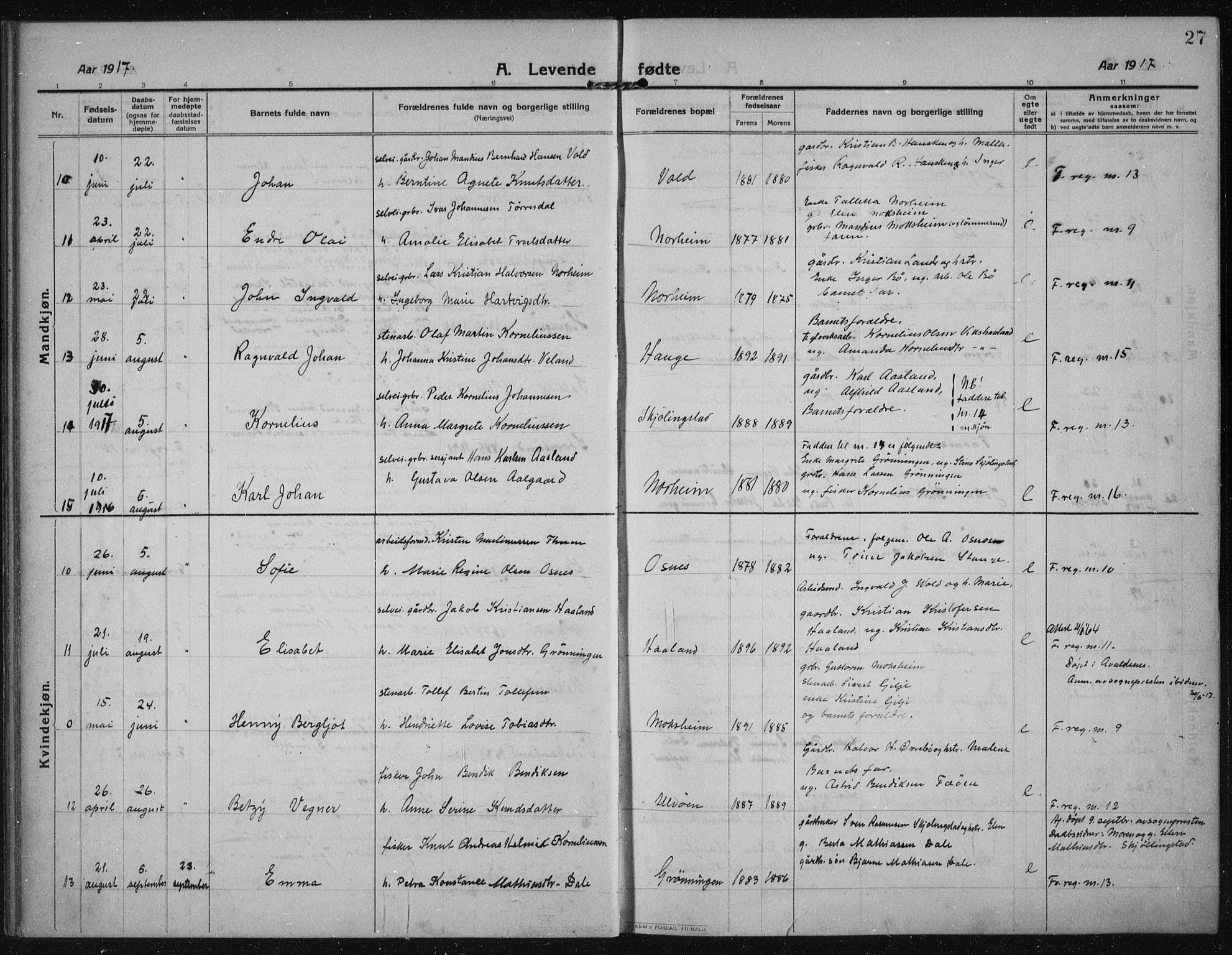 Torvastad sokneprestkontor, AV/SAST-A -101857/H/Ha/Haa/L0019: Parish register (official) no. A 18, 1912-1920, p. 27