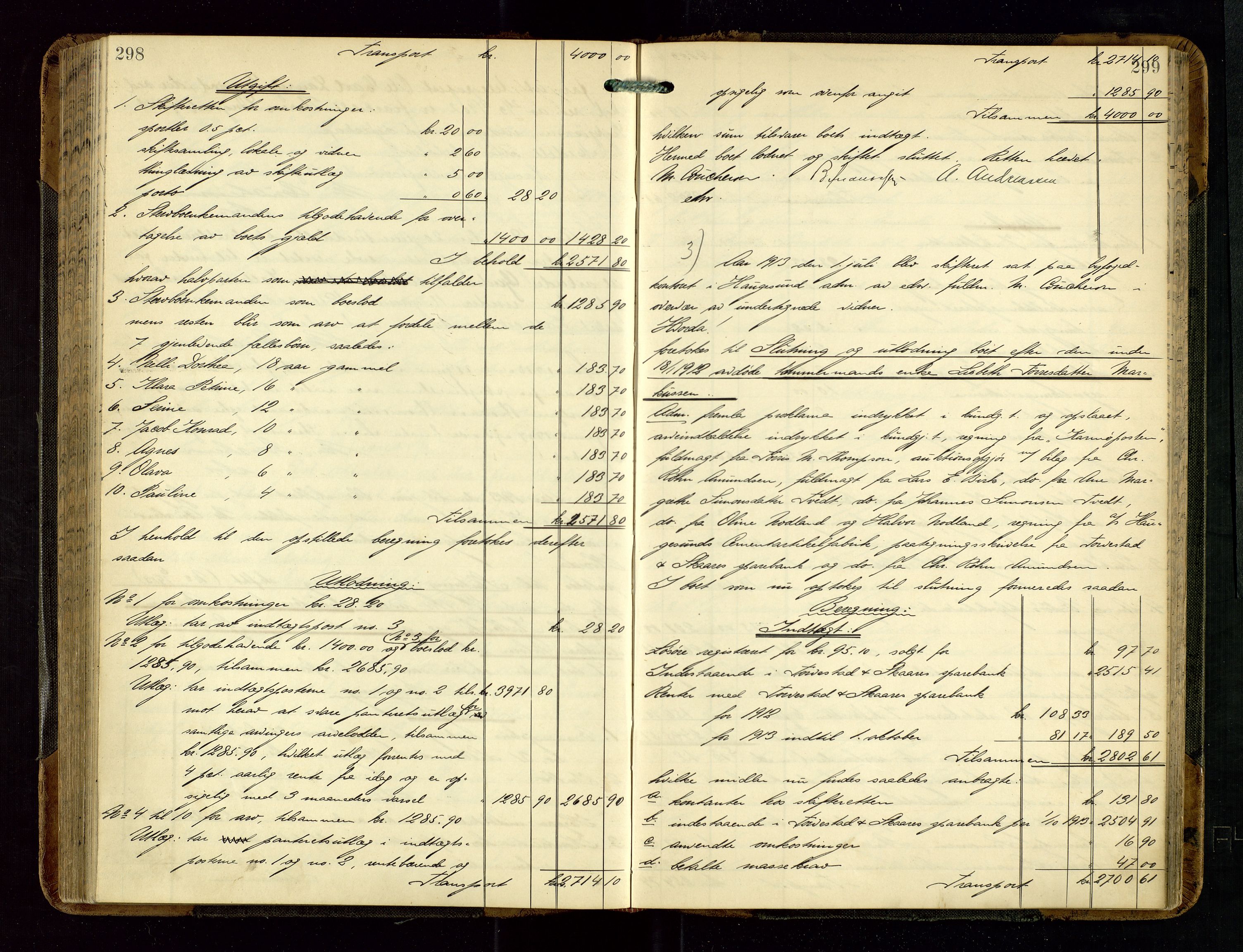 Haugesund tingrett, AV/SAST-A-101415/01/IV/IVD/L0002: Skifteutlodningsprotokoll, med register, 1904-1915, p. 298-299