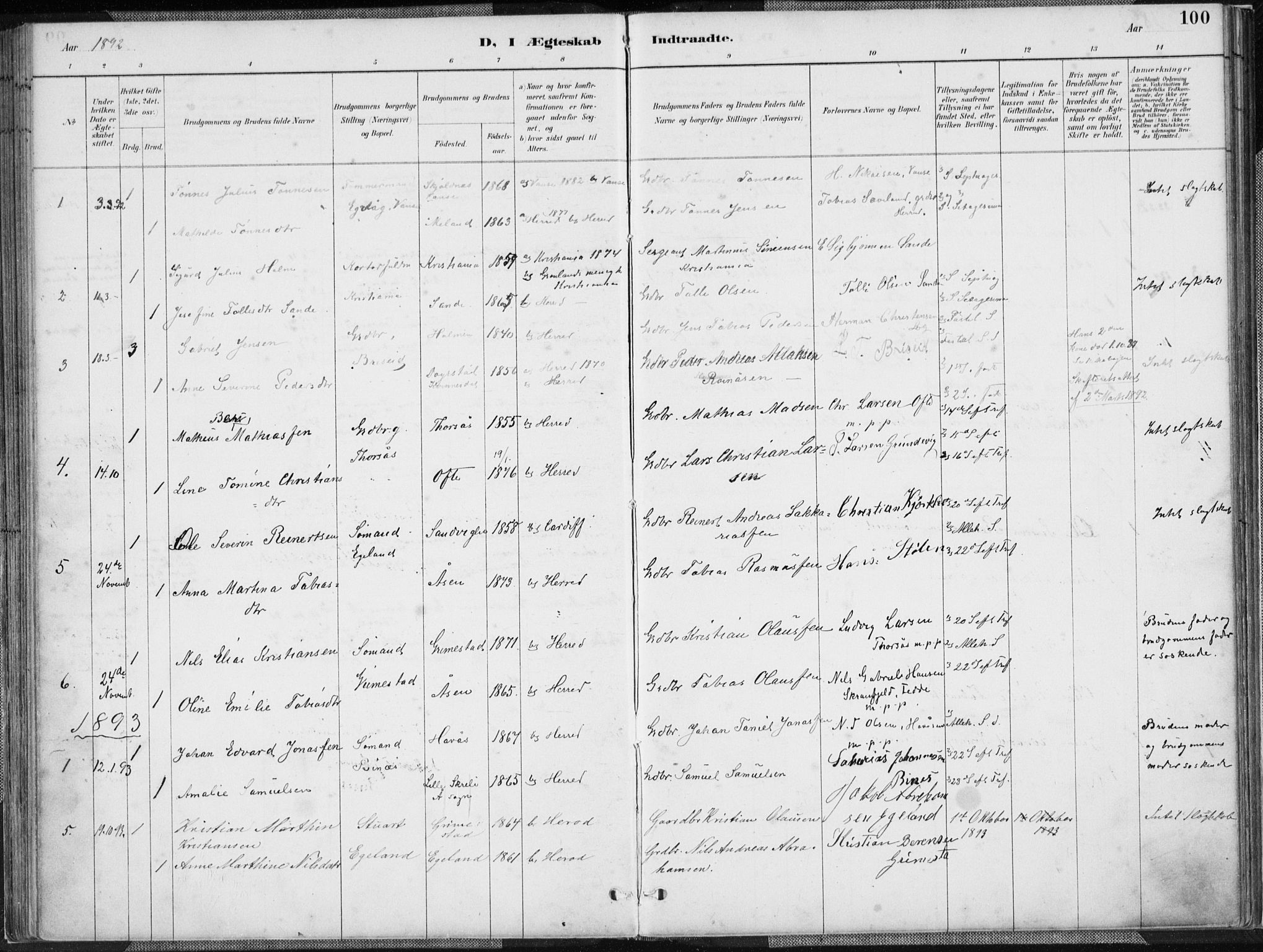 Herad sokneprestkontor, SAK/1111-0018/F/Fa/Faa/L0006: Parish register (official) no. A 6, 1887-1907, p. 100