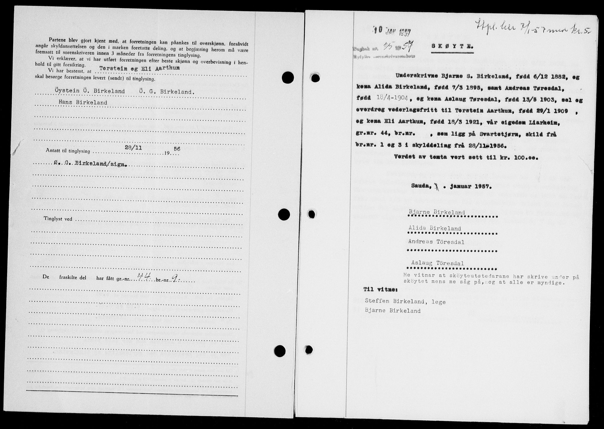 Ryfylke tingrett, AV/SAST-A-100055/001/II/IIB/L0135: Mortgage book no. 114, 1956-1957, Diary no: : 35/1957