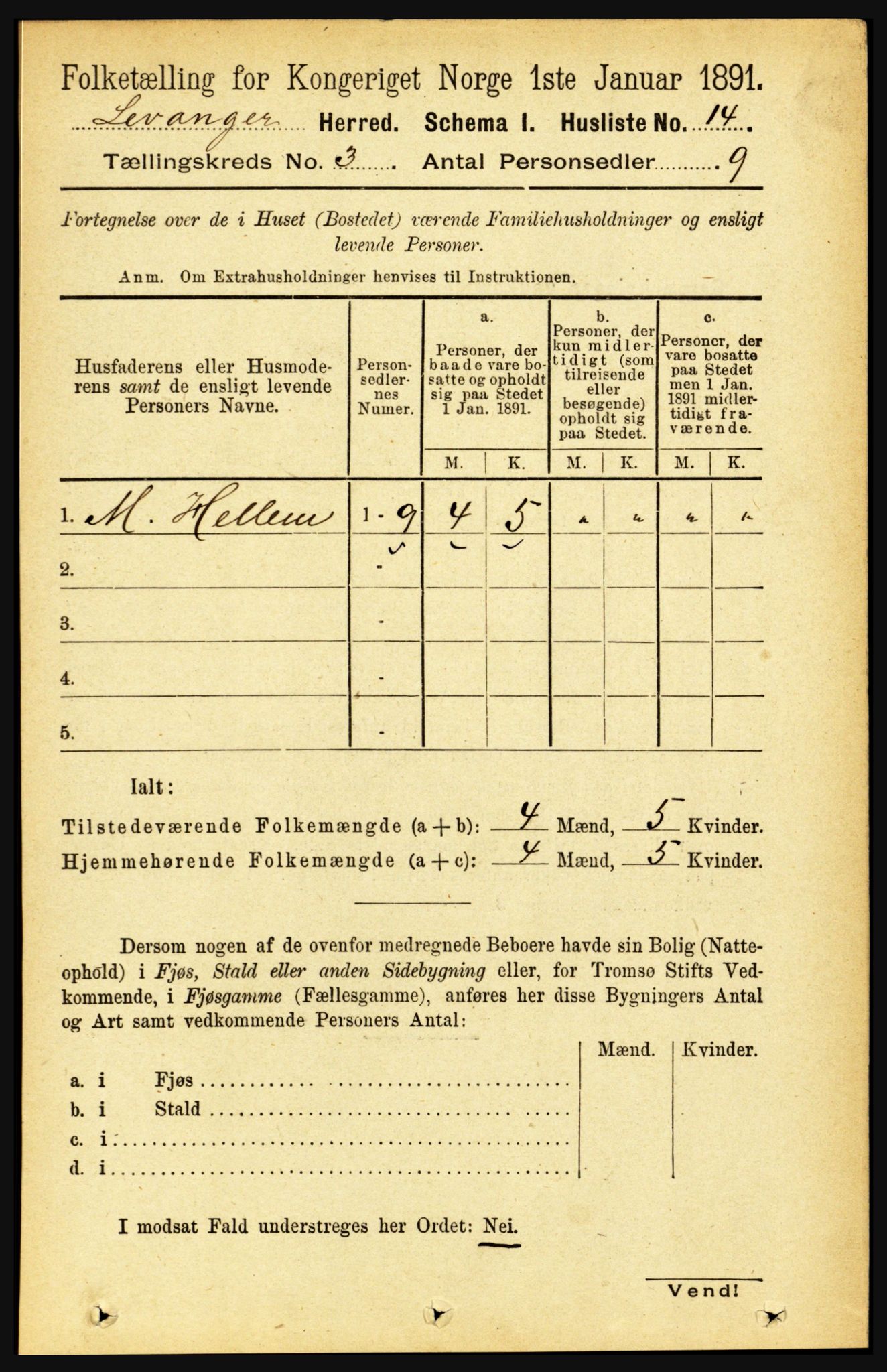 RA, 1891 census for 1720 Levanger, 1891, p. 1539