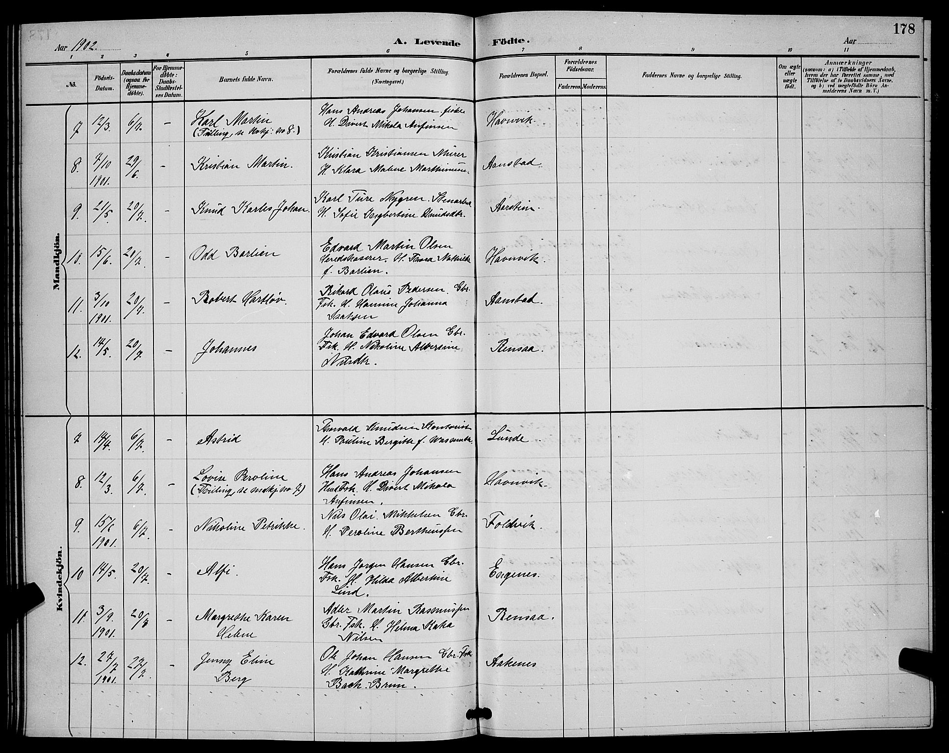 Ibestad sokneprestembete, SATØ/S-0077/H/Ha/Hab/L0008klokker: Parish register (copy) no. 8, 1890-1903, p. 178