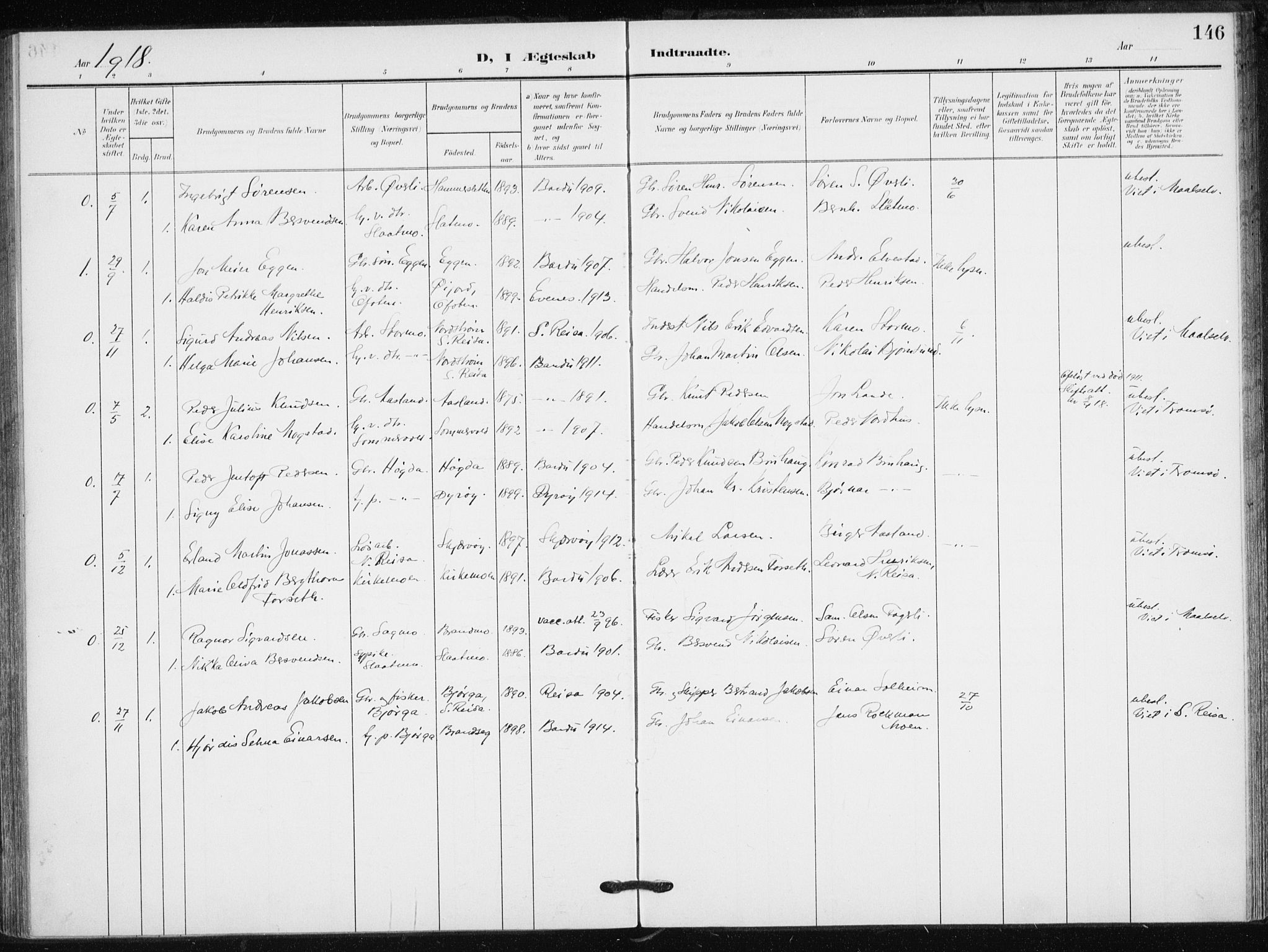 Målselv sokneprestembete, SATØ/S-1311/G/Ga/Gaa/L0013kirke: Parish register (official) no. 13, 1903-1919, p. 146