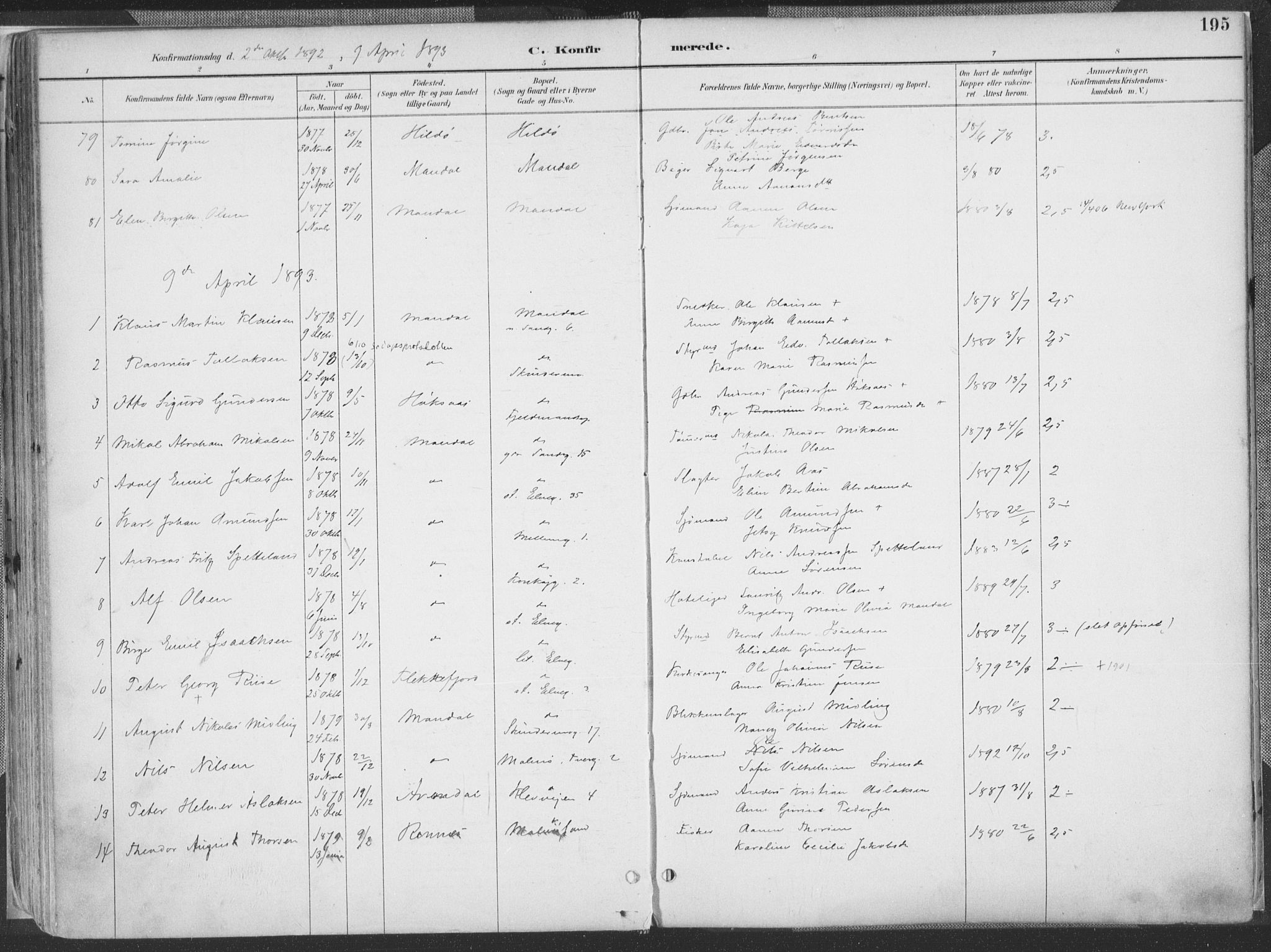 Mandal sokneprestkontor, SAK/1111-0030/F/Fa/Faa/L0018: Parish register (official) no. A 18, 1890-1905, p. 195