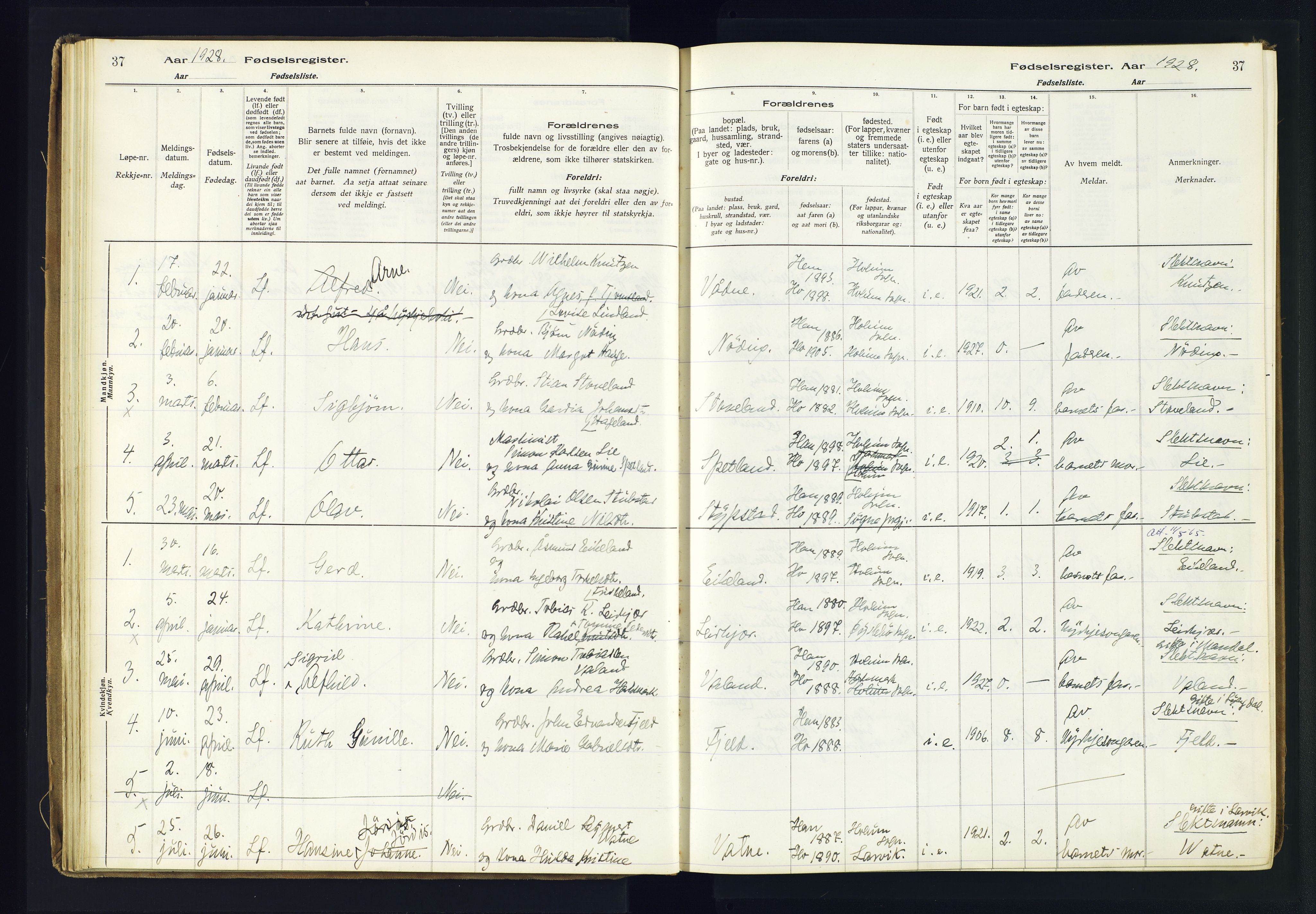 Holum sokneprestkontor, AV/SAK-1111-0022/J/Ja/L0003: Birth register no. II.6.12, 1916-1982, p. 37