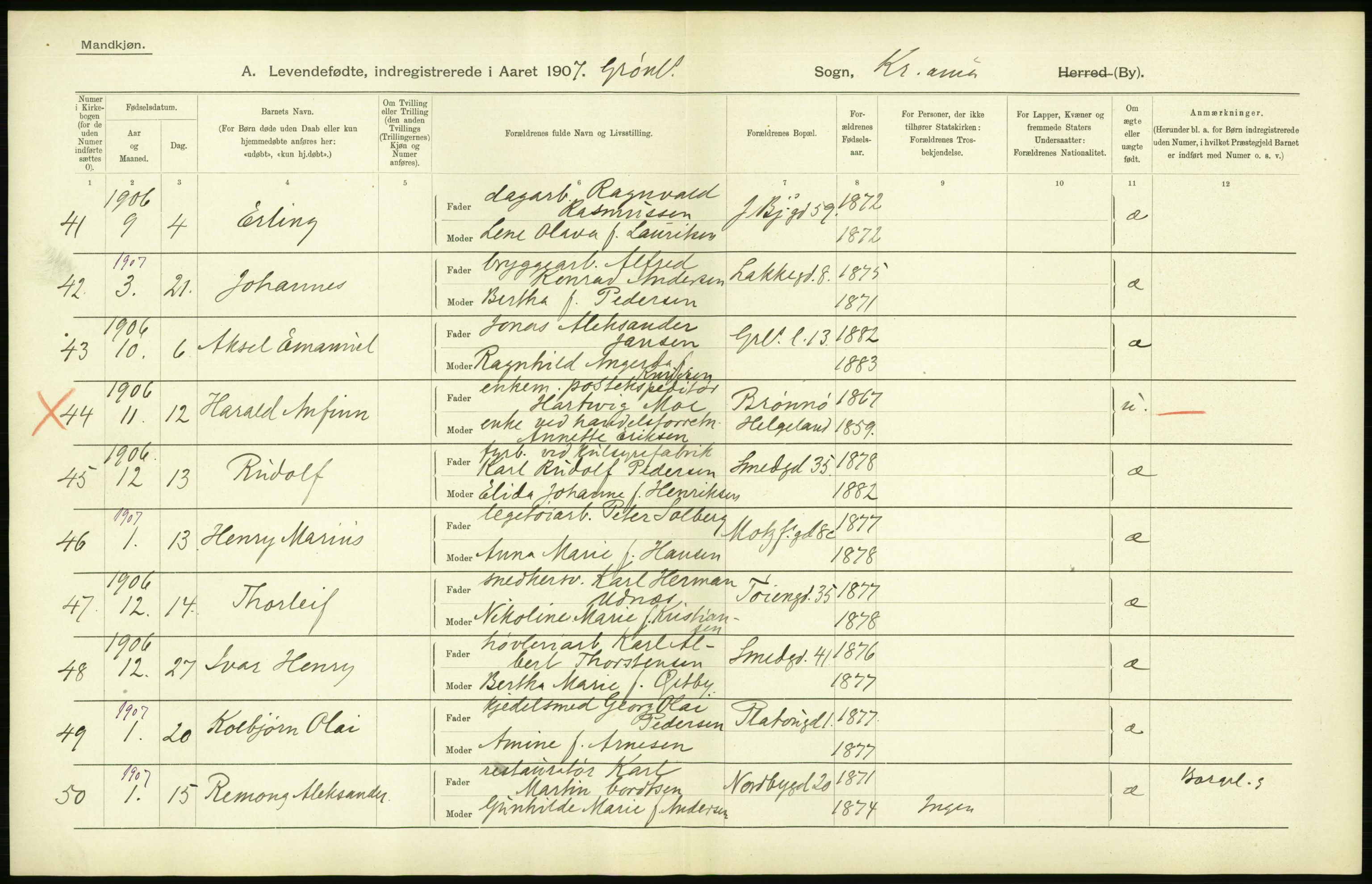 Statistisk sentralbyrå, Sosiodemografiske emner, Befolkning, AV/RA-S-2228/D/Df/Dfa/Dfae/L0007: Kristiania: Levendefødte menn og kvinner., 1907, p. 314