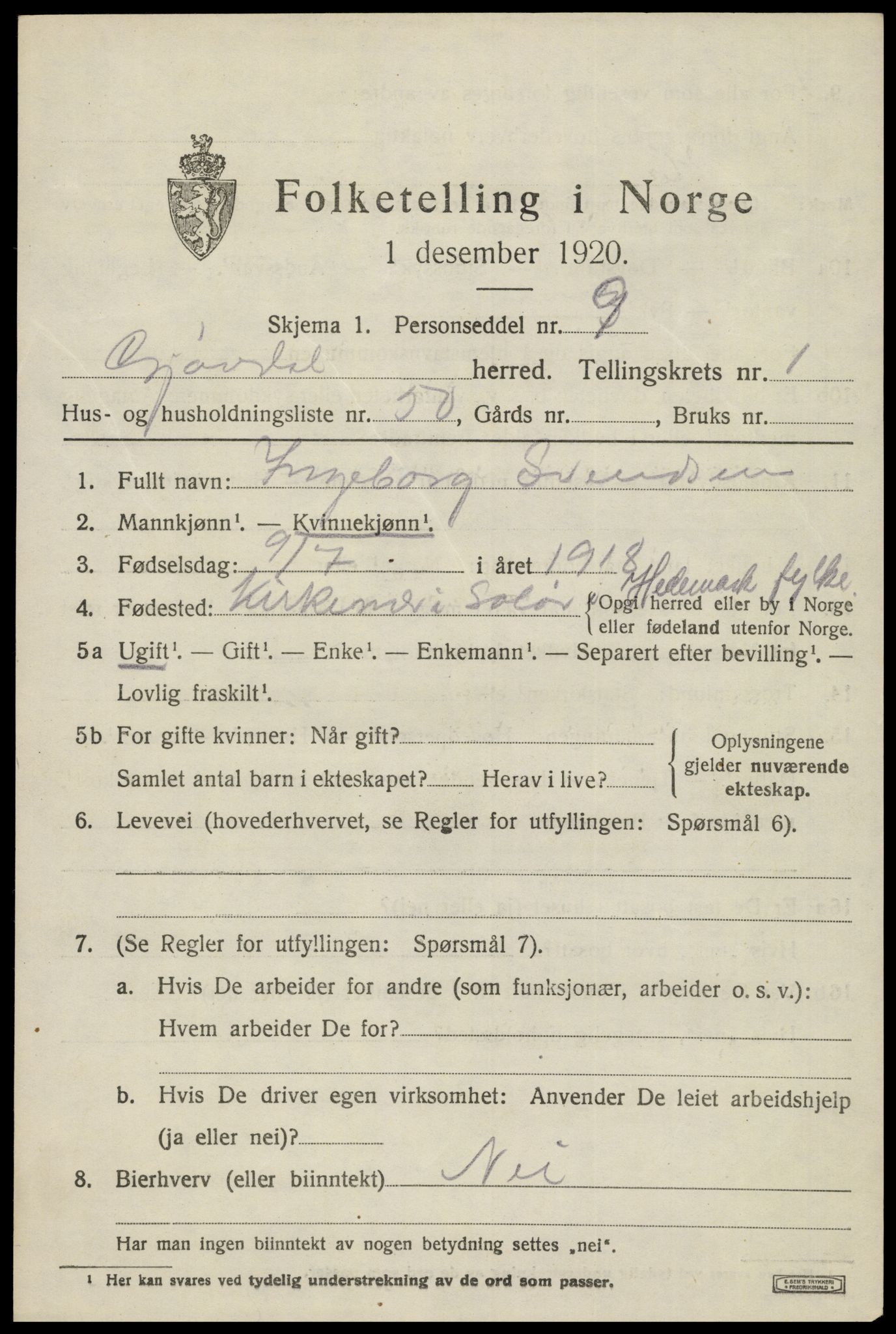 SAK, 1920 census for Gjøvdal, 1920, p. 826