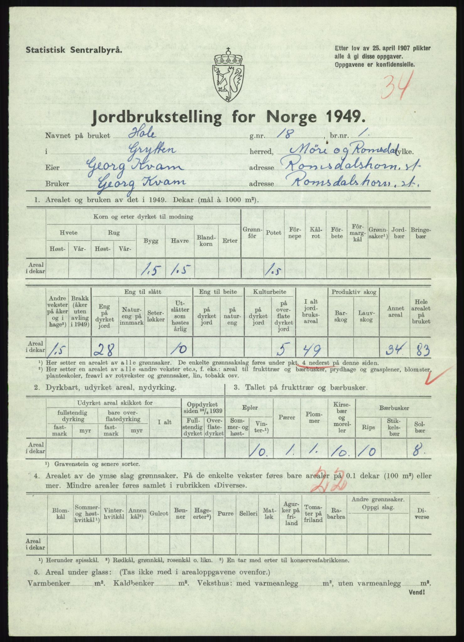 Statistisk sentralbyrå, Næringsøkonomiske emner, Jordbruk, skogbruk, jakt, fiske og fangst, AV/RA-S-2234/G/Gc/L0323: Møre og Romsdal: Grytten og Hen, 1949, p. 223