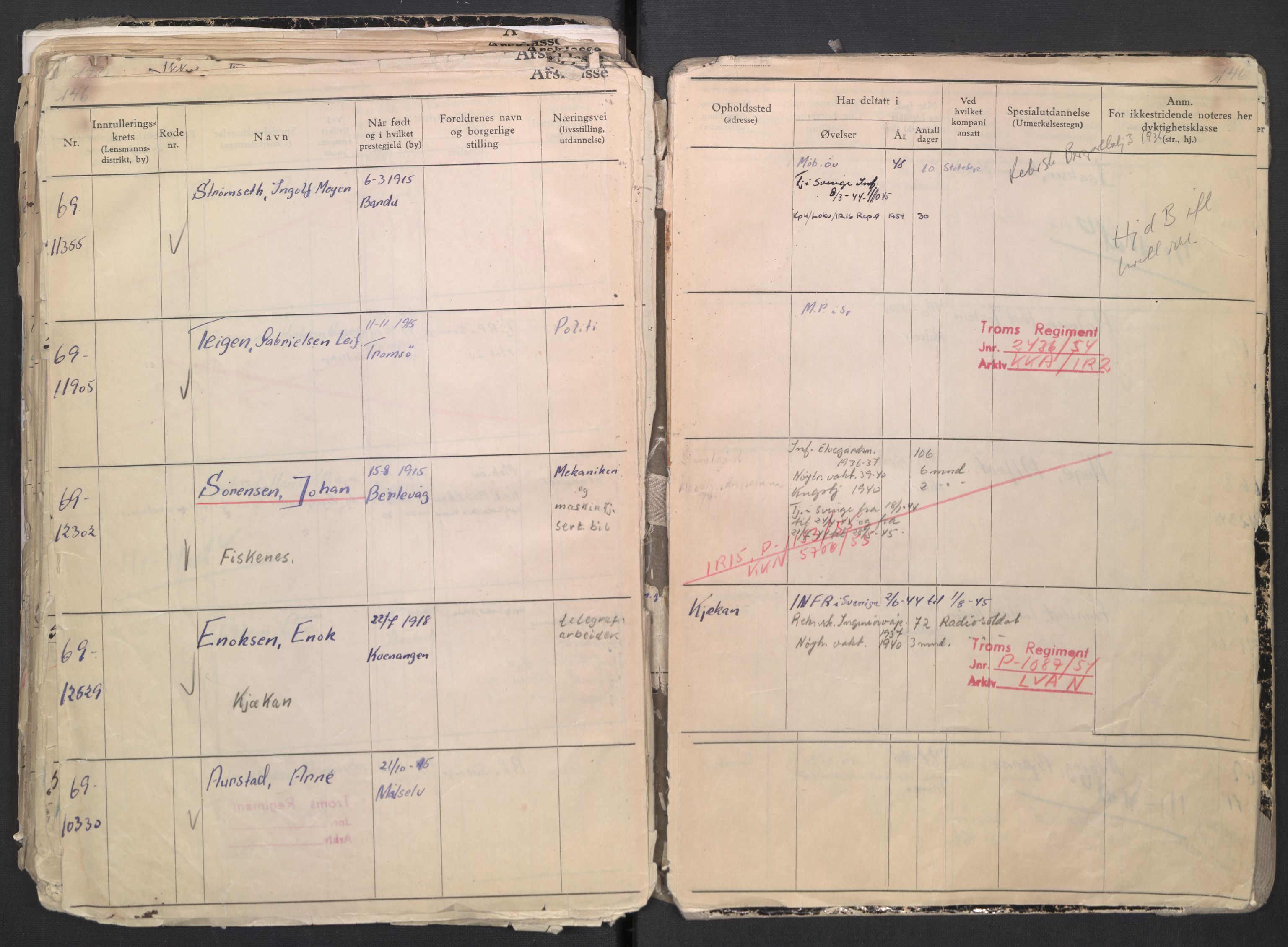 Forsvaret, Troms infanteriregiment nr. 16, AV/RA-RAFA-3146/P/Pa/L0007/0001: Ruller / Rulle for regimentets menige mannskaper, årsklasse 1936, 1936, p. 146